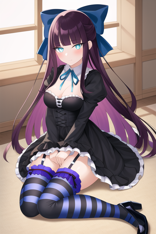 ai-generated aqua_eyes bangs black_dress black_footwear blue_bow blue_eyes blunt_bangs blush bright_pupils center_frills cleavage colored_inner_hair corset dress expressionless frilled_dress frilled_skirt frilled_sleeves frills full_body garter_belt garter_straps gothic_lolita hair_bow hairbow highres hime_cut indoors legs lolita_fashion long_hair looking_at_viewer neck_ribbon panty_&amp;_stocking_with_garterbelt panty_&amp;amp;_stocking_with_garterbelt pink_hair purple_hair small_breasts solo stocking_(psg) striped striped_legwear striped_thighhighs thigh-highs thighs two-tone_hair very_long_hair