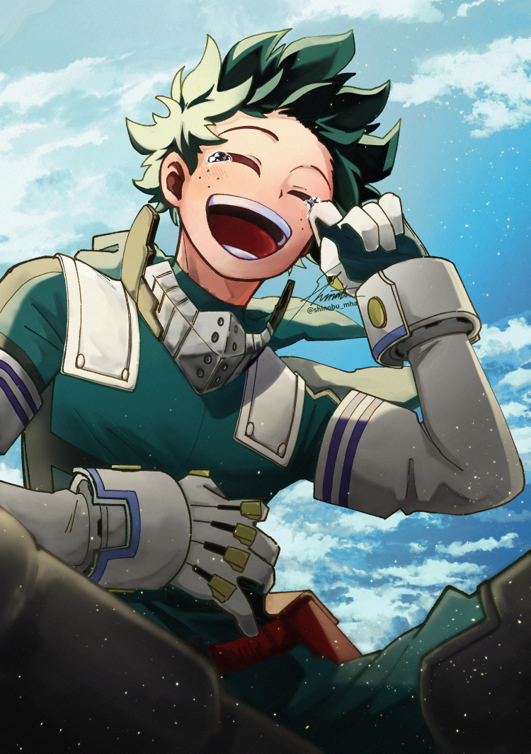 1boy belt belt_pouch blue_sky blurry blurry_foreground blush bodysuit boku_no_hero_academia clouds cloudy_sky curly_hair film_grain floating_clothes floating_hair freckles gloves gradient_sky green_bodysuit green_gloves green_hair hand_on_own_stomach hand_to_own_face hands_up happy light_particles male_focus midoriya_izuku open_mouth pouch raised_eyebrows red_belt round_teeth shinobu_wo short_hair signature sitting sky smile tearing_up tears teeth twitter_username two-tone_gloves upper_body white_gloves wiping_tears