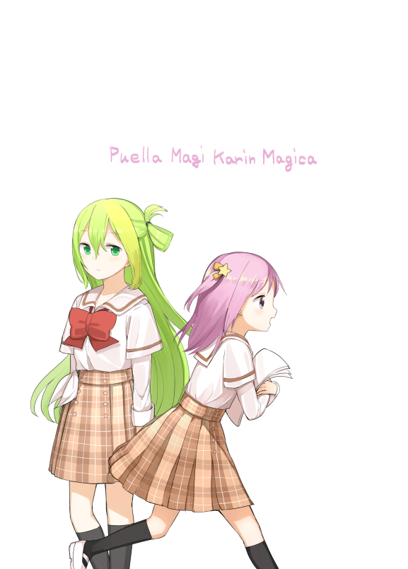 2girls aabtcndneefkg alina_gray blush bow bowtie brown_skirt closed_mouth green_eyes green_hair hair_between_eyes hair_ornament hair_ribbon holding holding_paper kneehighs layered_sleeves long_hair long_sleeves looking_at_another loose_bowtie magia_record:_mahou_shoujo_madoka_magica_gaiden mahou_shoujo_madoka_magica medium_hair misono_karin multicolored_hair multiple_girls orange_ribbon paper plaid plaid_skirt profile purple_hair red_bow red_bowtie ribbon running sakae_general_school_uniform school_uniform shirt short_over_long_sleeves short_sleeves side-tie_shirt sidelocks simple_background single_hair_ring skirt socks standing star_(symbol) star_hair_ornament straight_hair streaked_hair violet_eyes white_background white_shirt wing_collar