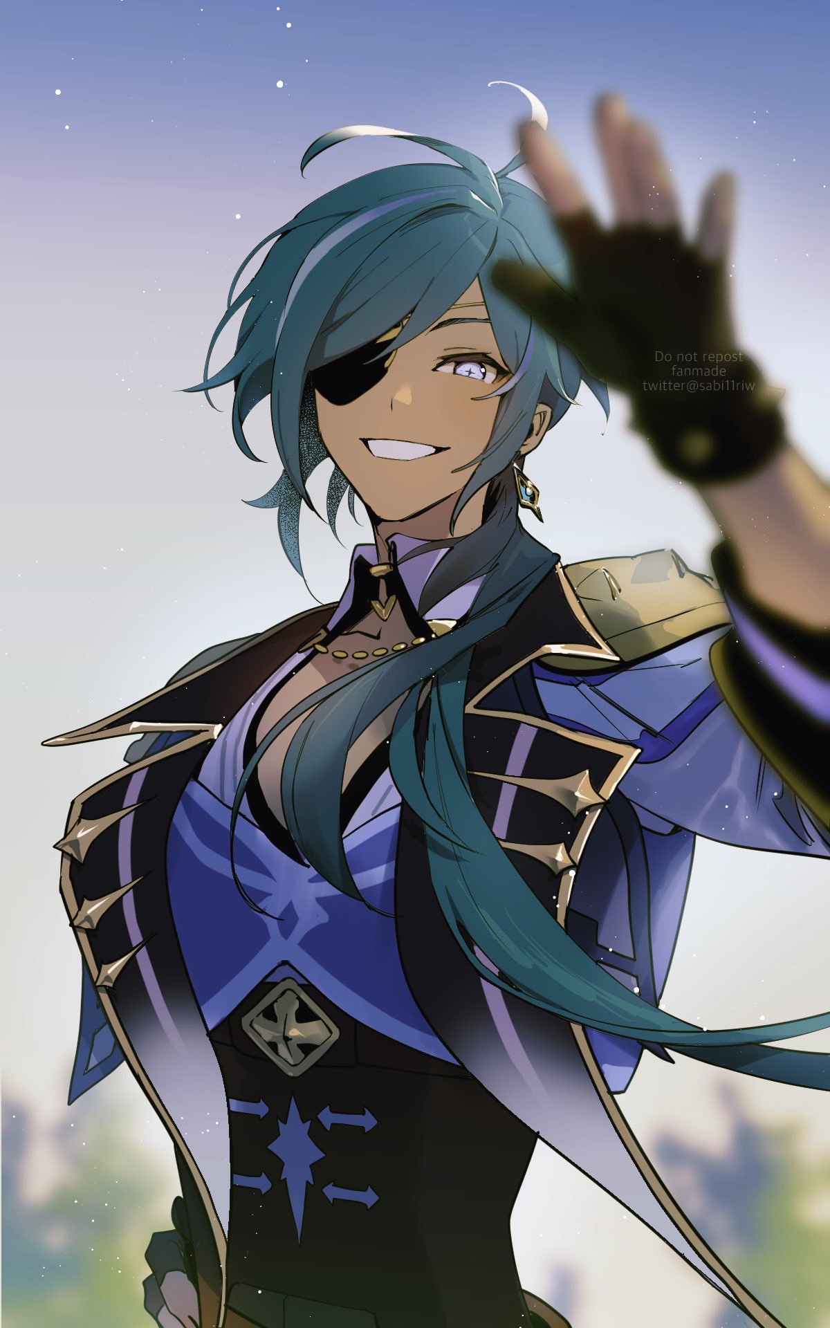 1boy bangs black_gloves blue_eyes blue_hair blurry blurry_background blurry_foreground commentary_request dark-skinned_male dark_skin earrings eyepatch fingerless_gloves genshin_impact gloves grin highres jacket jewelry kaeya_(genshin_impact) long_hair looking_at_viewer male_focus multicolored_hair sabi11riw single_earring smile solo streaked_hair twitter_username upper_body watermark