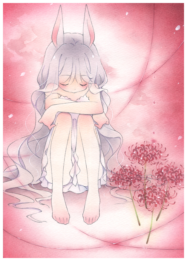 1girl acrylic_paint_(medium) animal_ears arm_rest bangs bare_arms bare_legs bare_shoulders barefoot border chemise closed_eyes colored_pencil_(medium) crossed_arms dot_nose facing_viewer flower frills head_down knees_up light_purple_hair long_hair original painting_(medium) pastel_(medium) rabbit_ears red_background red_flower sitting sleeping sleeping_upright sleeveless solo spaghetti_strap spider_lily straight-on strap_slip traditional_media u_u very_long_hair watercolor_(medium) wavy_hair white_border zuushii_(zoosea)