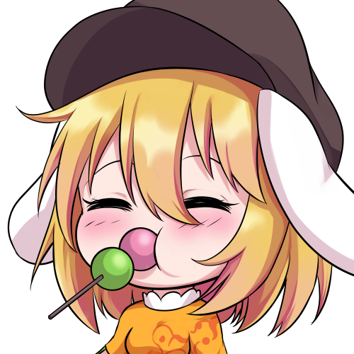 1girl alpha_transparency animal_ears blonde_hair bmkro breasts chibi closed_eyes commentary_request eating eyebrows_hidden_by_hair floppy_ears food lowres medium_breasts mochi mouth_hold rabbit_ears rabbit_girl raised_eyebrows ringo_(touhou) solo spanish_commentary touhou transparent_background upper_body