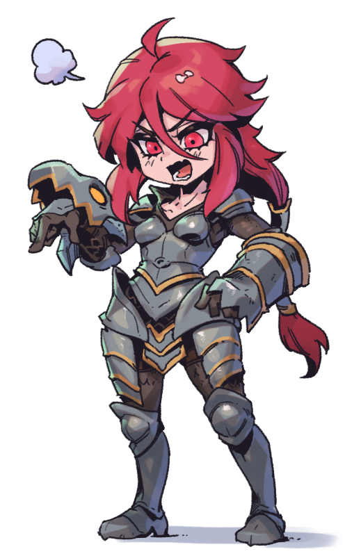 1girl ahoge armor armored_boots blush boots breasts brown_gloves collarbone fangs full_armor full_body gauntlets gloves hair_between_eyes league_of_legends long_hair lower_teeth_only open_mouth phantom_ix_row ponytail red_eyes redhead shoulder_plates shyvana small_breasts solo standing teeth transparent_background