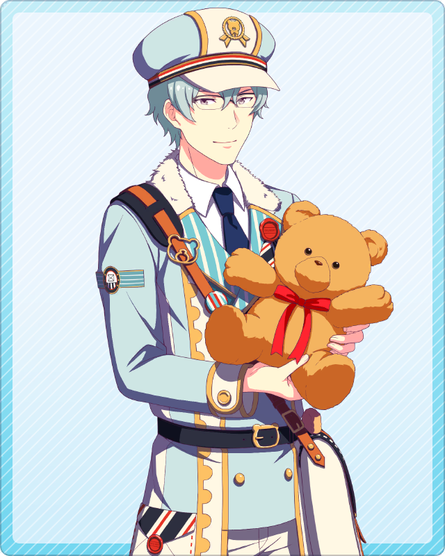 1boy belt bow bowtie collared_shirt fingernails glasses grey_eyes grey_hair hair_between_eyes hat hazama_michio holding holding_stuffed_toy idolmaster idolmaster_side-m idolmaster_side-m_growing_stars long_sleeves male_focus necktie official_art red_bow red_bowtie shirt simple_background smile solo stuffed_animal stuffed_toy teddy_bear