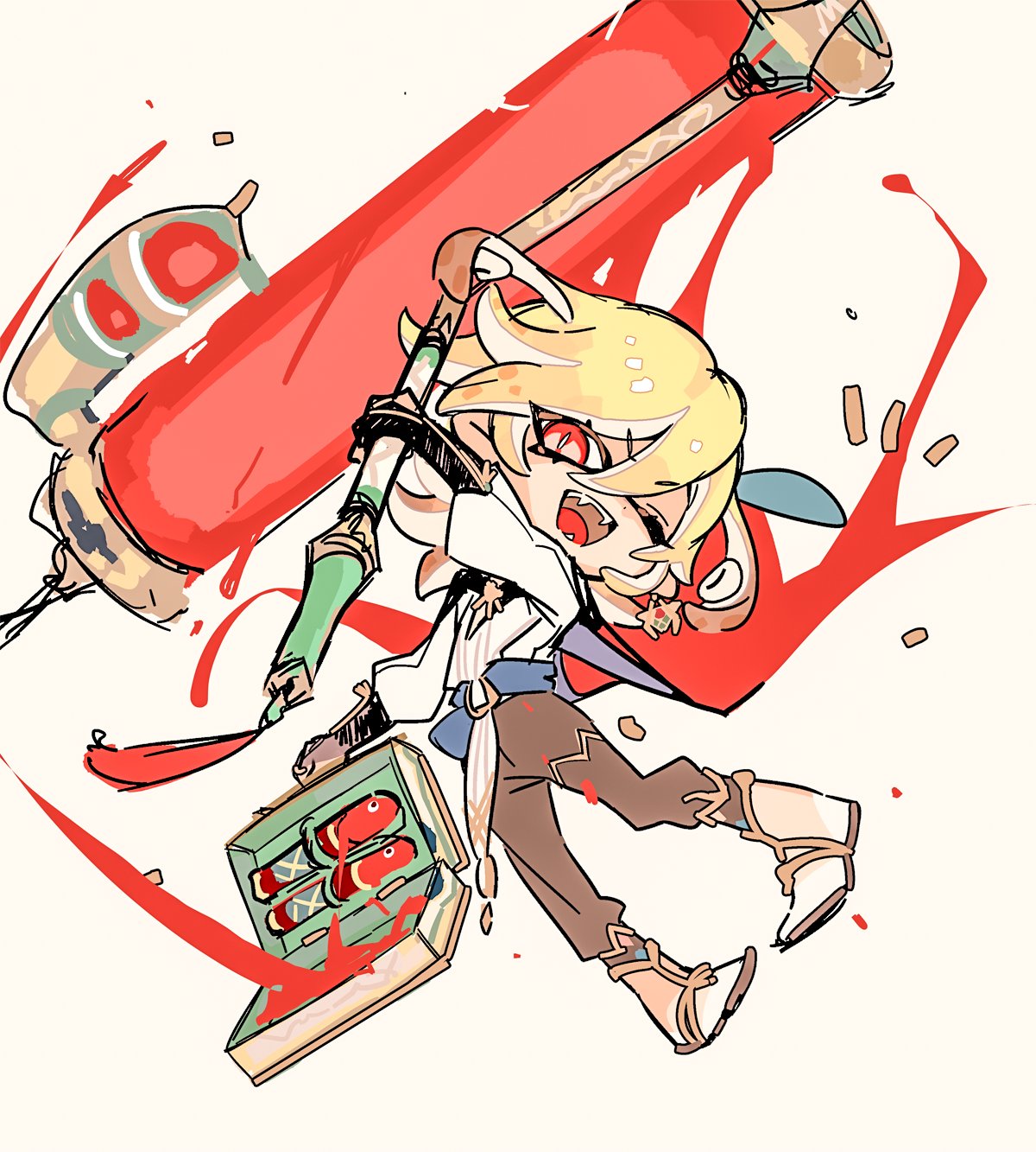 1boy bangs black_pants blonde_hair briefcase crossover earrings fangs full_body genshin_impact godwkgodwk hair_between_eyes highres holding inkling inkling_boy jewelry kaveh_(genshin_impact) male_focus one_eye_closed open_mouth paint_roller pants red_eyes simple_background sketch solo splatoon_(series) tassel tentacle_hair