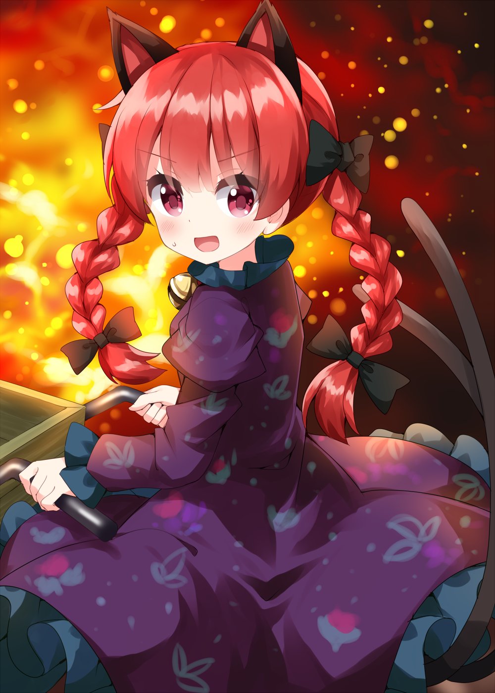 1girl :d animal_ears black_bow blush bow braid cat_ears dress extra_ears fire flame hair_bow highres holding juliet_sleeves kaenbyou_rin long_sleeves nekomata open_mouth orange_background puffy_sleeves red_eyes redhead ruu_(tksymkw) smile solo touhou twin_braids v-shaped_eyebrows wheelbarrow