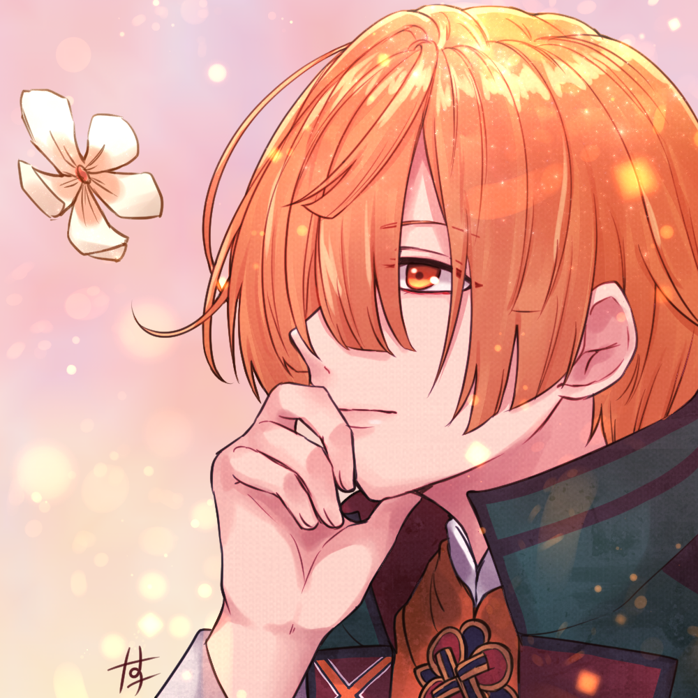 1boy cherry_blossoms closed_mouth clothing_request eyelashes facing_to_the_side flower head_rest japanese_clothes kanan_(olympia_soiree) long_sleeves male_focus nanosuke_(nanonano9) olympia_soiree one_eye_covered orange_eyes orange_hair pink_background short_hair solo
