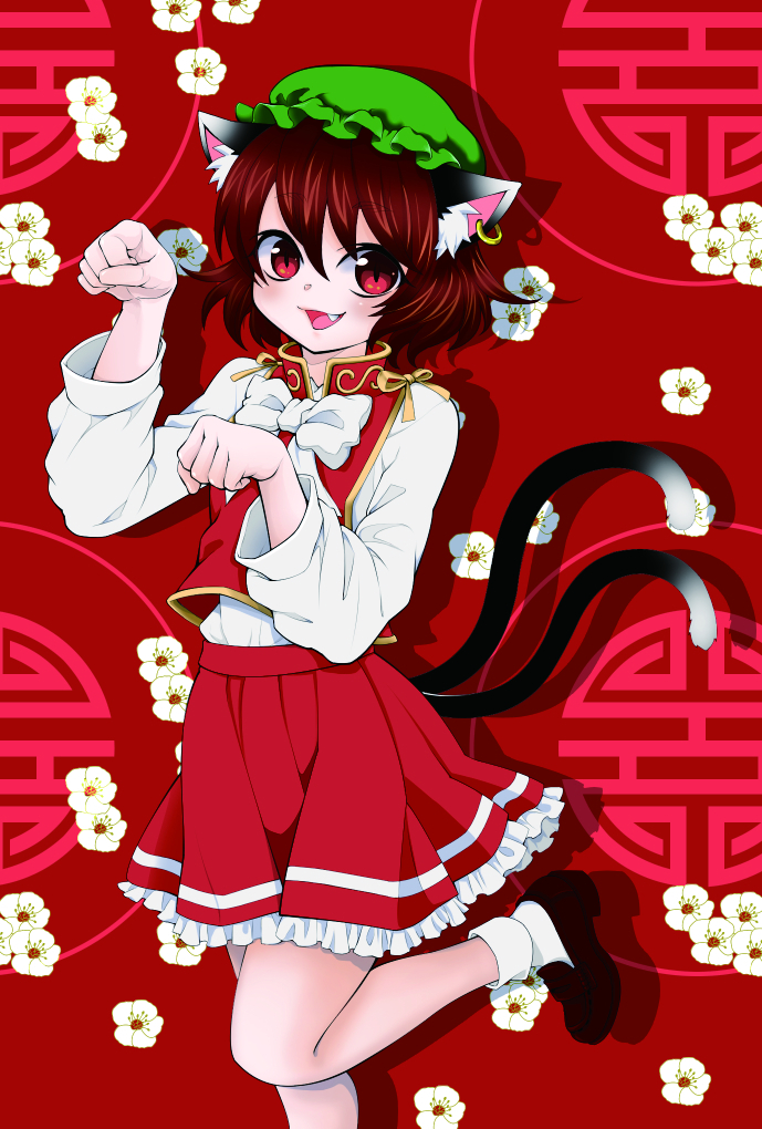 1girl :d animal_ear_fluff animal_ears bangs blush brown_hair cat_ears chen daisy drop_shadow earrings fang floral_background flower foot_out_of_frame hair_between_eyes hands_up jewelry looking_at_viewer nekomata open_mouth paw_pose red_background red_skirt shoes single_earring skirt smile solo standing standing_on_one_leg strawberry-shortcakes touhou white_flower