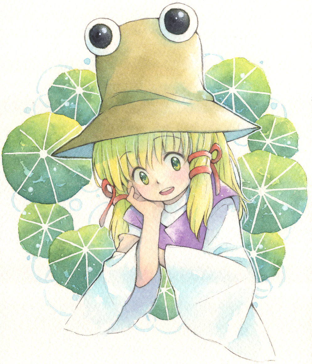 1girl :d air_bubble arm_rest bangs blonde_hair brown_headwear bubble cropped_torso crossed_arms elbow_rest green_eyes hair_ribbon head_rest head_tilt japanese_clothes large_hat leaf leaf_background lily_pad long_hair long_sleeves looking_at_viewer moriya_suwako open_mouth painting_(medium) purple_vest red_ribbon ribbon round_teeth smile solo tareme teeth touhou traditional_media tress_ribbon turtleneck upper_body upper_teeth_only vest watercolor_(medium) white_background white_sleeves wide_sleeves zuushii_(zoosea)