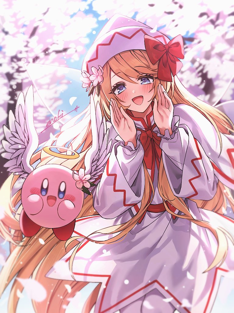 1boy 1girl artist_name bangs belt blonde_hair blue_sky blush bow bowtie branch cherry_blossoms colored_skin commentary_request crossover day dress enoki_3106 fairy_wings feathered_wings flower flying hair_between_eyes hands_up hat hat_bow hat_flower hat_ornament kirby kirby_(series) leaf lily_white long_hair long_sleeves looking_at_viewer open_mouth outdoors petals pink_flower pink_skin puffy_long_sleeves puffy_sleeves red_belt red_bow red_bowtie sky smile standing touhou transparent_wings tree white_dress white_headwear wide_sleeves wings