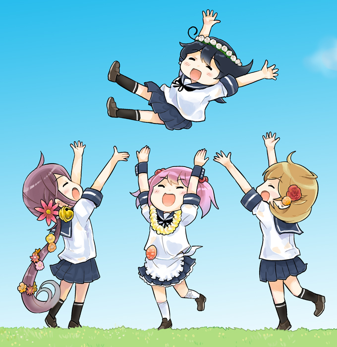 4girls akebono_(kancolle) apron bell black_hair black_socks closed_eyes flower flower_necklace hair_bell hair_ornament kantai_collection kneehighs light_brown_hair long_hair medium_hair multiple_girls oboro_(kancolle) open_mouth pink_hair pleated_skirt purple_hair saiguchi_otoufu sailor_collar sazanami_(kancolle) school_uniform serafuku short_hair skirt smile socks twintails ushio_(kancolle) very_long_hair