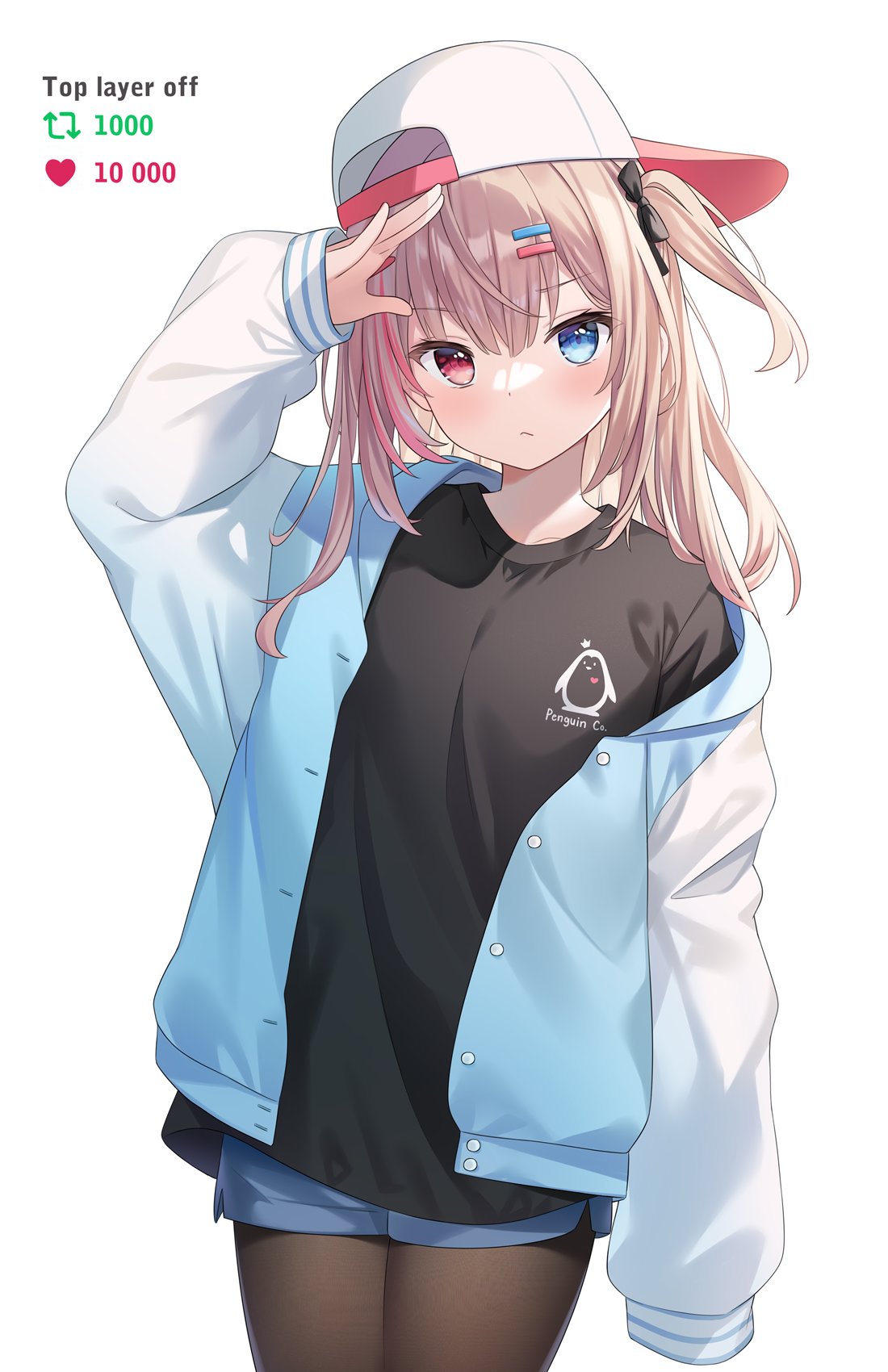 1girl arm_up arrow_(symbol) backwards_hat black_bow black_shirt blue_eyes blue_jacket blue_shorts blush bow breasts brown_hair brown_pantyhose closed_mouth commentary english_commentary english_text hair_bow hair_ornament hairclip hat heart heterochromia highres hitsukuya jacket legwear_under_shorts long_hair long_sleeves looking_at_viewer meme multicolored_hair off_shoulder one_side_up open_clothes open_jacket original pantyhose pink_hair puffy_long_sleeves puffy_sleeves red_eyes revision shirt short_shorts shorts simple_background sleeves_past_wrists small_breasts solo streaked_hair twitter_strip_game_(meme) white_background white_headwear