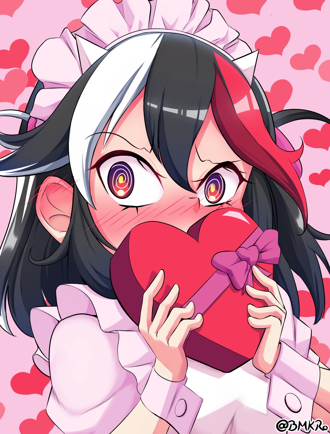 1girl @_@ alternate_costume black_hair blush bmkro candy chocolate commentary_request covering_mouth ear_blush embarrassed enmaided food heart heart-shaped_chocolate heart_background highres kijin_seija maid maid_headdress medium_hair multicolored_hair raised_eyebrow red_eyes redhead signature solo spanish_commentary touhou twitter_username upper_body white_hair wrist_cuffs