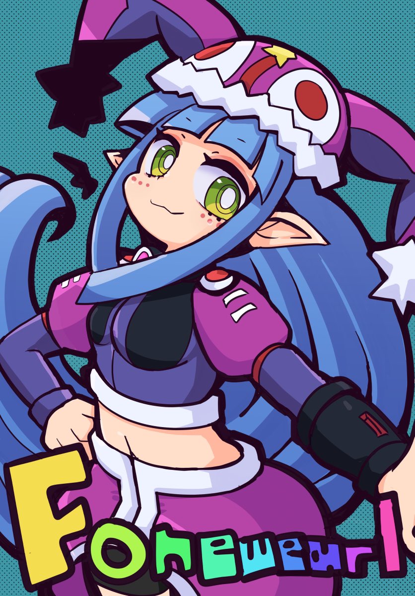 1girl :3 aqua_background bangs bike_shorts black_shorts blue_hair blunt_bangs breasts bright_pupils closed_mouth crop_top eyeliner facial_mark fonewearl fur-trimmed_headwear fur_trim green_eyes hand_on_hip hat highres jester_cap light_blue_hair long_hair makeup navel outstretched_arm overskirt phantasy_star phantasy_star_online pointy_ears pom_pom_(clothes) purple_headwear rainbow_text red_eyeliner ringed_eyes rupika seseringo shorts small_breasts smile solo standing star_(symbol) white_pupils