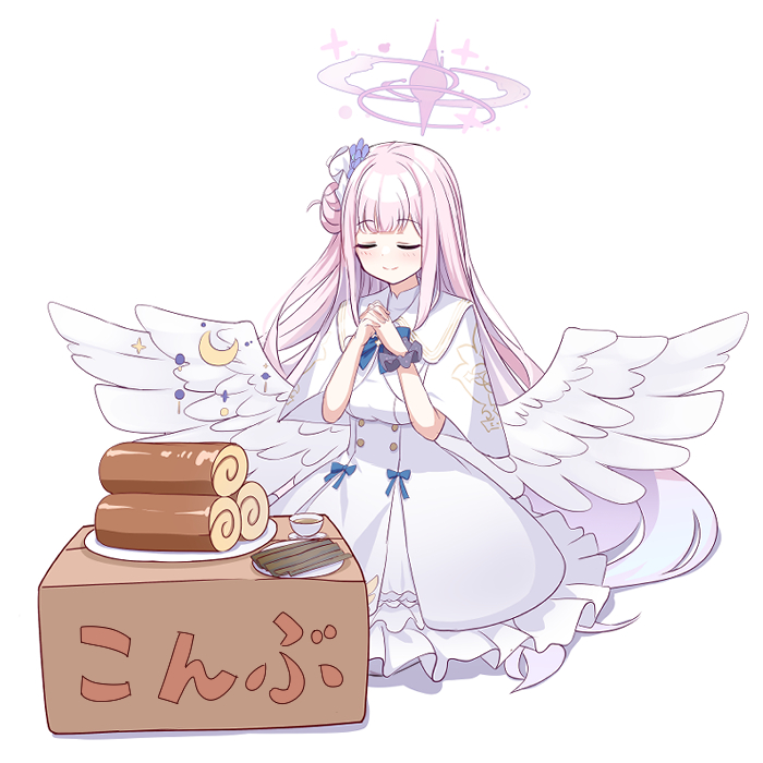 1girl angel_wings bangs blue_archive blunt_bangs box cake capelet cardboard_box commentary_request dress feathered_wings food frilled_dress frills hair_bun hair_ornament halo interlocked_fingers long_hair mika_(blue_archive) miso_soup o_(rakkasei) one_side_up own_hands_together pink_hair plate praying school_uniform scrunchie seaweed sidelocks simple_background single_side_bun sitting smile solo swiss_roll translation_request white_background white_dress white_wings wings wrist_scrunchie