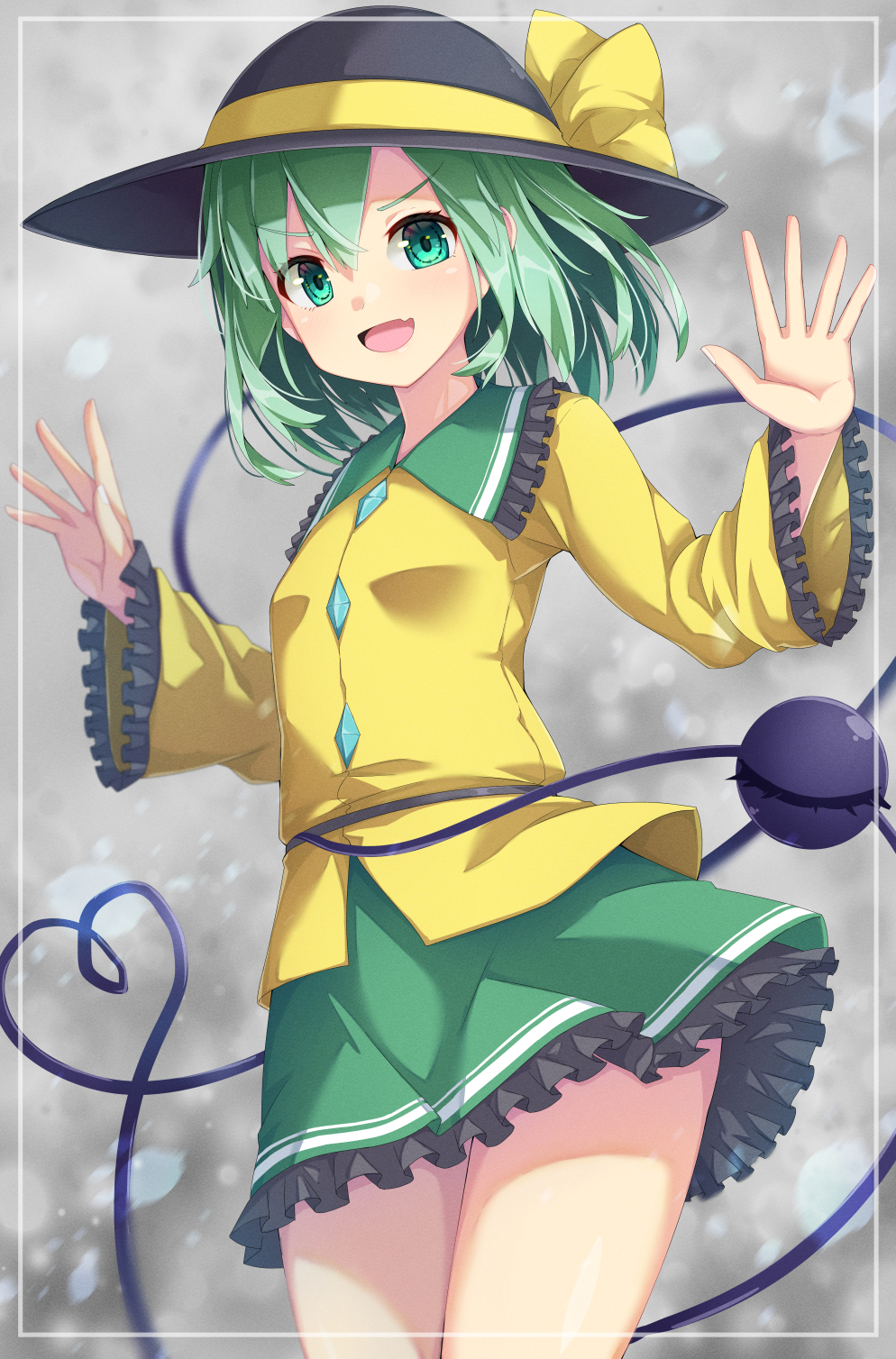 1girl :d bangs black_headwear bow collared_shirt commentary_request dress_shirt fang frilled_shirt_collar frilled_skirt frilled_sleeves frills green_eyes green_hair green_skirt hair_between_eyes hands_up hat hat_bow heart heart_of_string highres komeiji_koishi long_sleeves looking_at_viewer shirt skirt smile solo standing third_eye touhou uumaru v-shaped_eyebrows wide_sleeves yellow_bow yellow_shirt