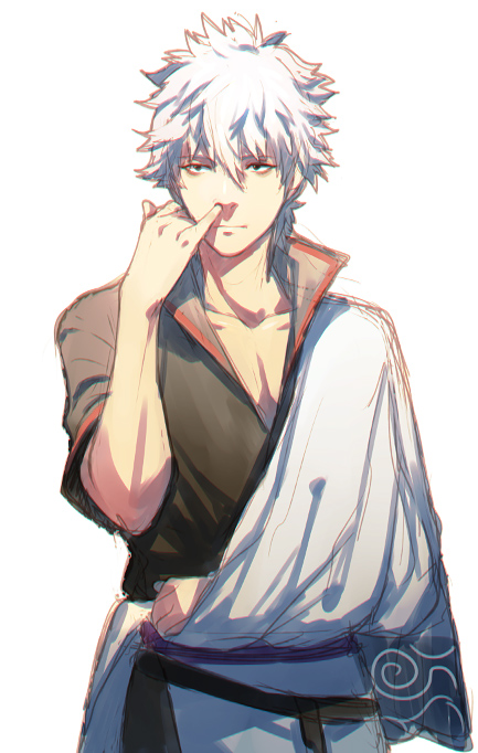 1boy asymmetrical_clothes closed_mouth collarbone gintama high_collar japanese_clothes kimono kokutan_kitsunen long_sleeves nose_picking open_clothes open_kimono sakata_gintoki samurai shirt short_hair short_sleeves solo white_background white_hair