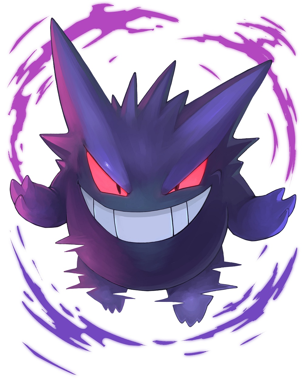 black_eyes claws colored_sclera energy evil_grin evil_smile floating full_body gengar grin hands_up highres looking_at_viewer no_humans pokemon pokemon_(creature) red_sclera smile solo teeth tesshii_(riza4828) v-shaped_eyebrows white_background
