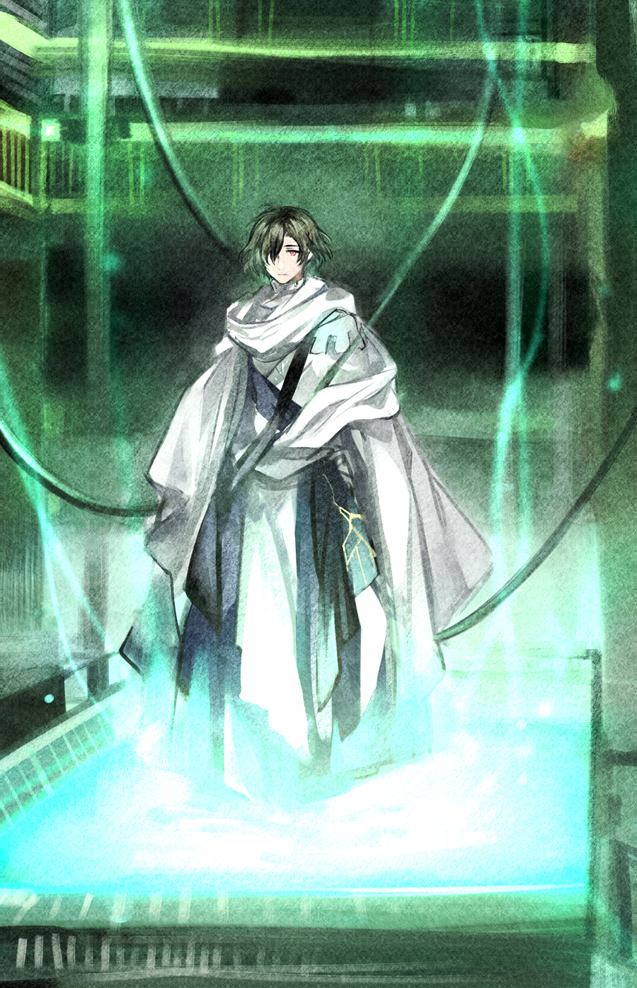 1boy :| alternate_costume alternate_eye_color black_hair cable cloak closed_mouth commentary constantine_xi_(fate) english_commentary expressionless fate/grand_order fate_(series) full_body glowing hair_over_one_eye heki0529 highres looking_at_viewer male_focus pink_eyes robe sash short_hair solo standing white_cloak white_robe