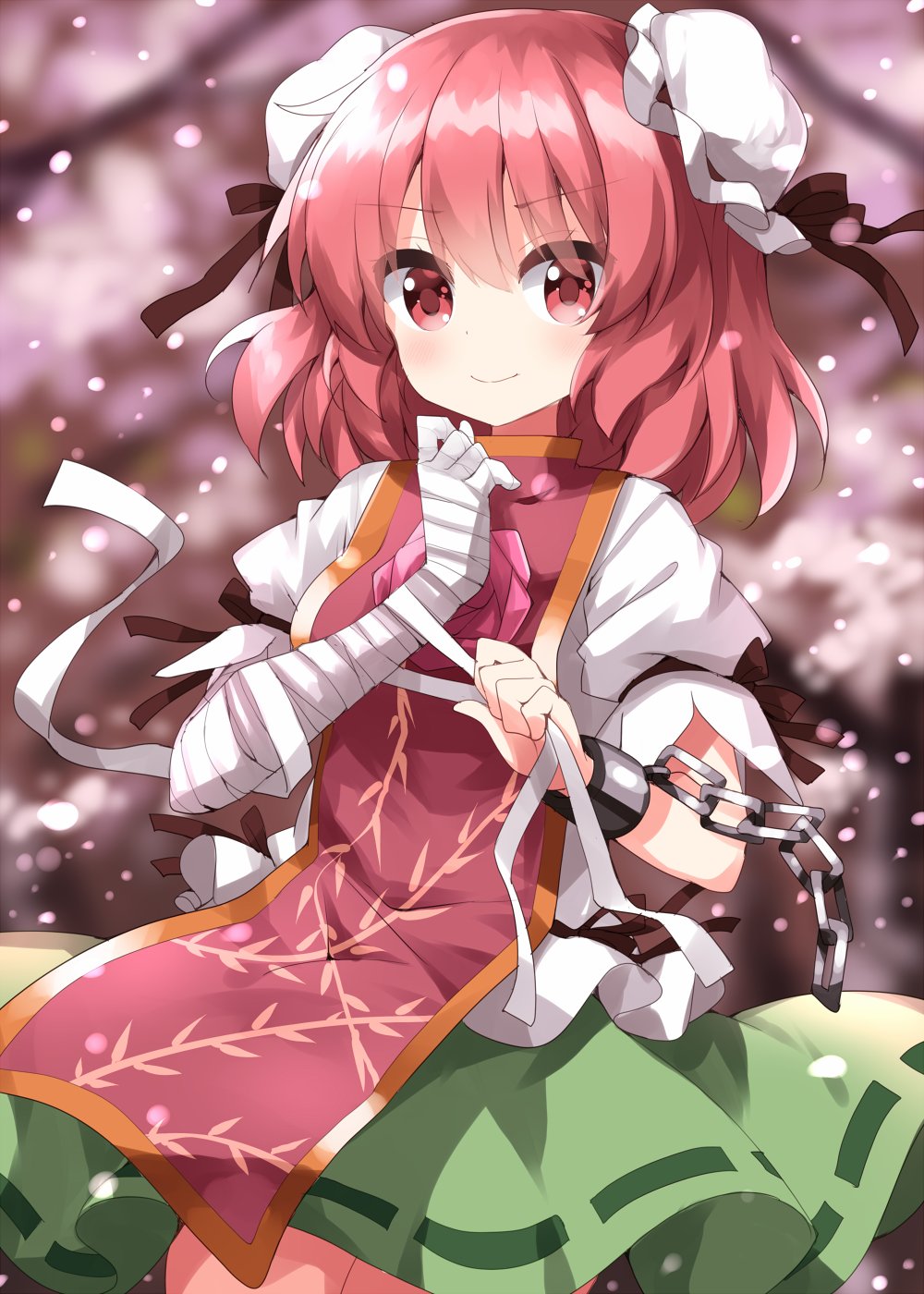 1girl bandaged_arm bandages bangs blurry blurry_background blush branch breasts brown_ribbon bun_cover chain cherry_blossoms closed_mouth double_bun flower green_skirt hair_between_eyes hair_bun hands_up highres ibaraki_kasen leaf_print looking_away mandarin_collar medium_breasts one-hour_drawing_challenge outdoors petals pink_eyes pink_flower pink_hair pink_rose pink_tabard puffy_short_sleeves puffy_sleeves ribbon rose ruu_(tksymkw) shirt short_hair short_sleeves skirt smile solo standing tabard touhou tree v-shaped_eyebrows white_shirt wrist_cuffs