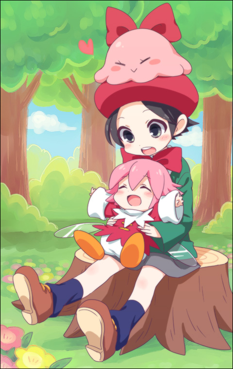 2girls :&gt; :d ^_^ adeleine arms_up bangs beret black_eyes black_hair blue_sky blue_socks blush blush_stickers bow brown_footwear bush chuchu_(kirby) closed_eyes closed_mouth clouds commentary_request day dress fairy fairy_wings flower full_body grass green_shirt grey_skirt hair_between_eyes hair_bow happy hat hone_(sky_cubes) kirby_(series) kirby_64 long_sleeves multiple_girls on_head open_mouth orange_footwear outdoors parted_bangs red_bow red_dress red_flower red_headwear ribbon_(kirby) shirt shoes short_hair sidelocks sitting sitting_on_tree_stump skirt sky smile socks teeth tree tree_stump upper_teeth_only wide_sleeves wings yellow_flower