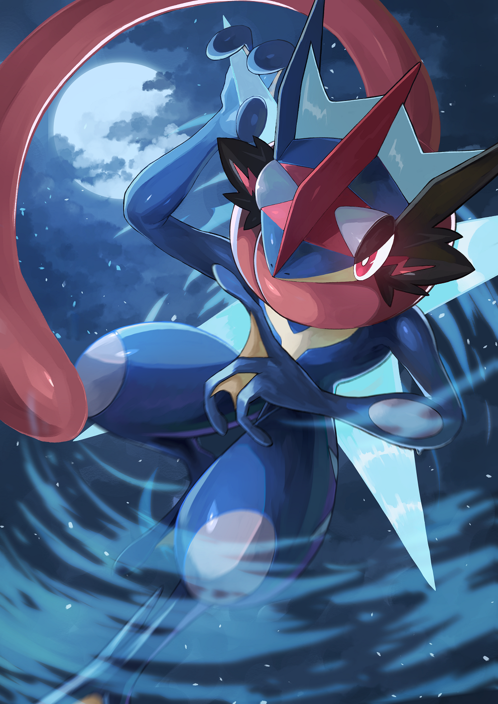 ash-greninja black_skin blue_skin clouds colored_skin full_moon greninja head_fins highres holding_shuriken looking_ahead moon multicolored_skin night night_sky pokemon pokemon_(creature) red_eyes red_skin sky solo standing standing_on_one_leg tesshii_(riza4828) tongue tongue_out v-shaped_eyebrows