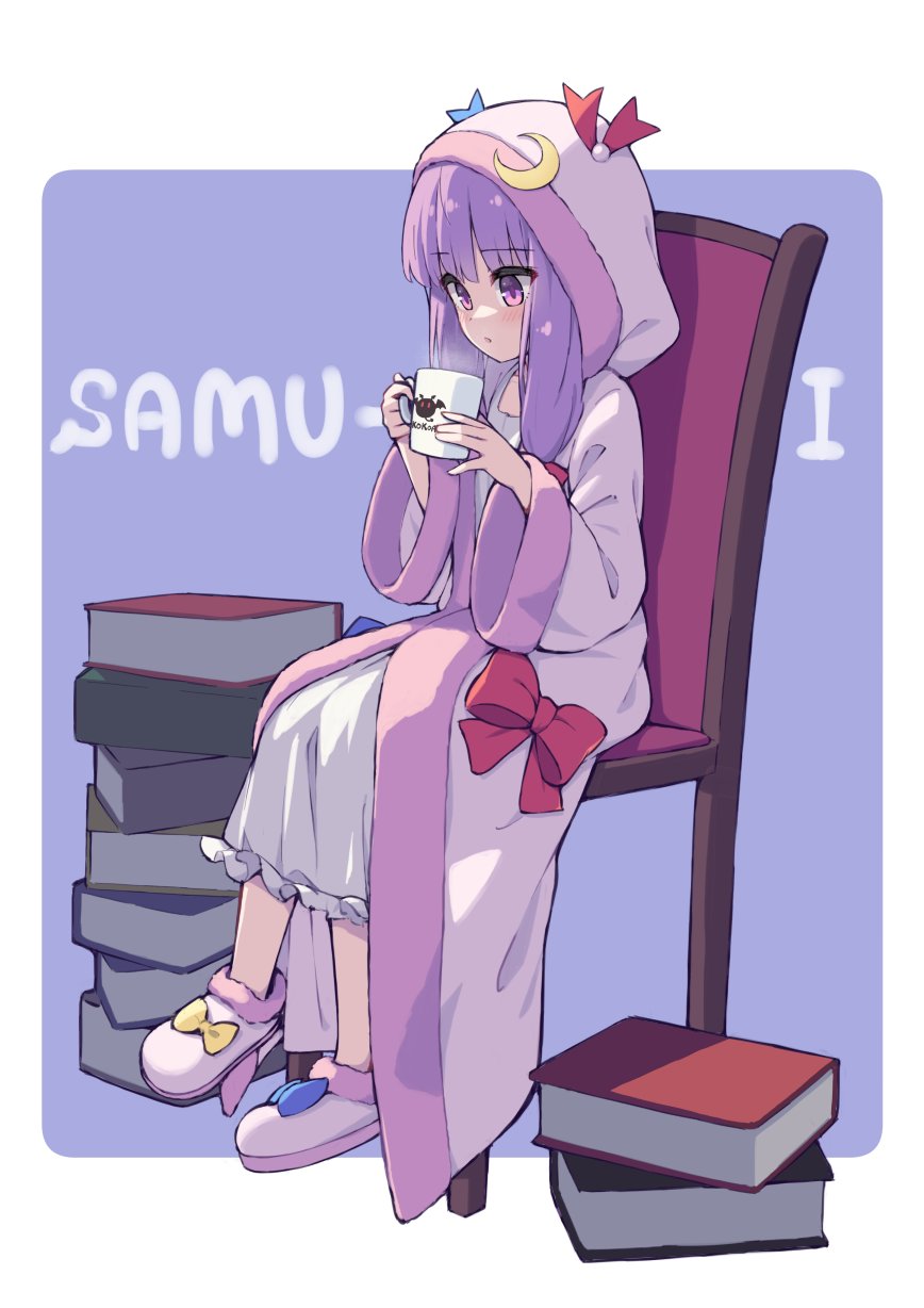 1girl blush book chair crescent crescent_pin cup dress highres hiyaya_(kochi_michikaze) holding holding_cup long_hair long_sleeves parted_lips patchouli_knowledge purple_hair shoes sitting solo touhou violet_eyes white_dress white_footwear wide_sleeves