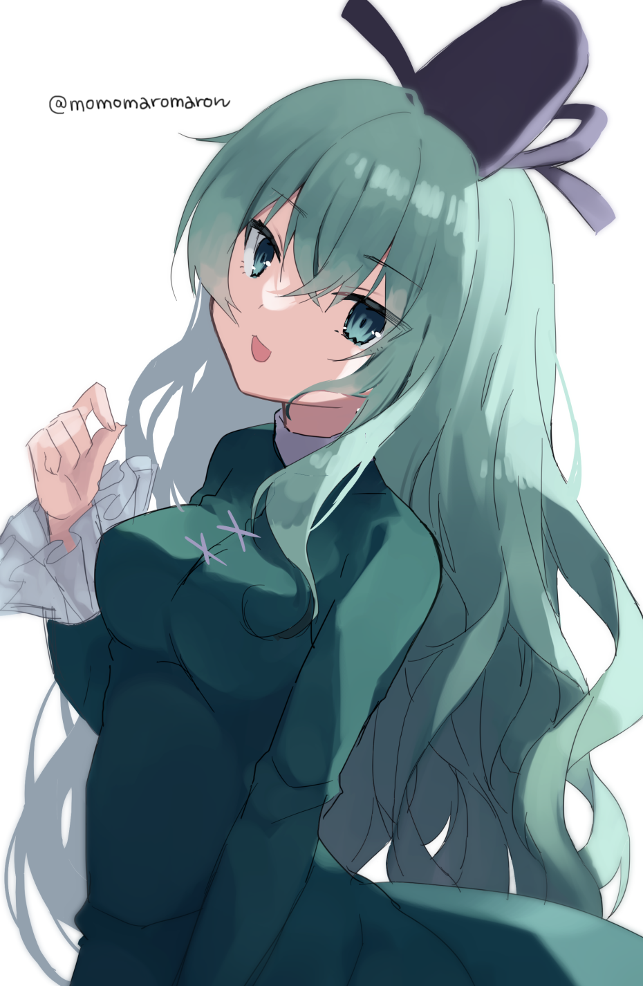 1girl alternate_hair_length alternate_hairstyle arm_up bangs breasts cross-laced_clothes crossed_bangs dress green_dress green_eyes green_hair hat highres juliet_sleeves long_hair long_sleeves looking_at_viewer medium_breasts momomaron open_mouth puffy_sleeves sidelocks simple_background soga_no_tojiko solo tate_eboshi touhou twitter_username very_long_hair white_background