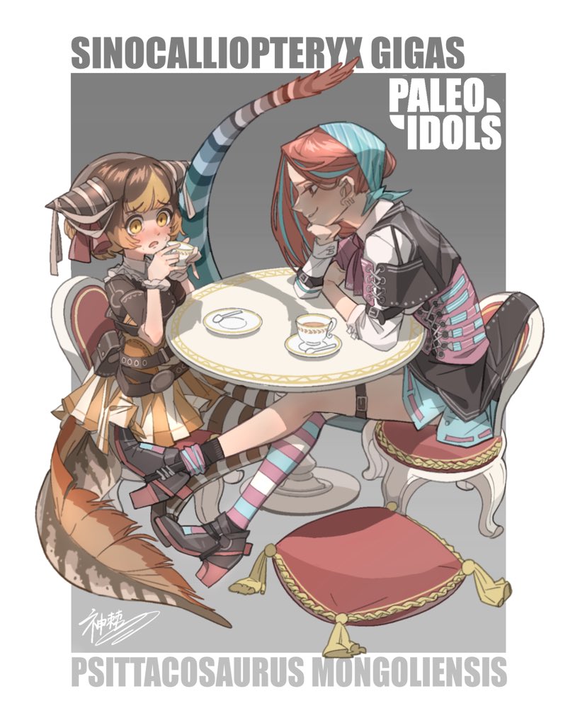 2girls artist_name blue_hair blue_tail blush brown_eyes brown_hair brown_tail chair closed_mouth collared_dress cup dinosaur_girl dinosaur_tail dress english_commentary full_body fur-tipped_tail gradient_background grey_background head_scarf high_heels holding holding_cup lizard_tail long_hair looking_at_another looking_at_viewer multicolored_hair multiple_girls open_mouth orange_dress original personification pillow plate pleated_dress redhead short_hair short_sleeves signature simple_background single_thighhigh sitting smile solo streaked_hair striped striped_tail striped_thighhighs table tail tea teacup teaspoon theamazingspino thigh-highs thigh_strap yellow_eyes