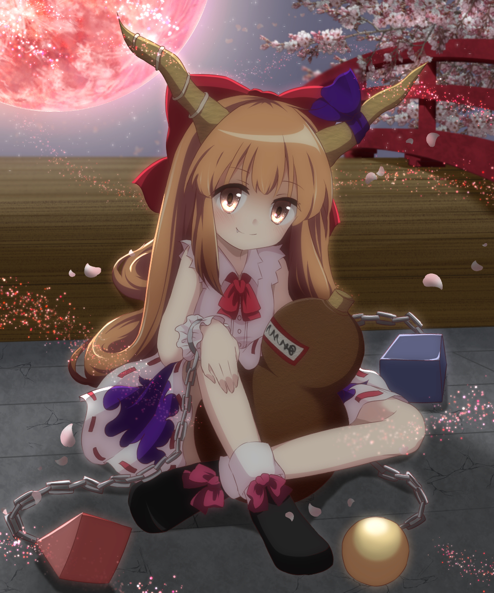 1girl aki_(yunkana) bangs black_footwear blush bow bowtie bridge brown_eyes buttons chain cherry_blossoms closed_mouth colorized commentary_request cube ellipsis_(mitei) falling_petals fang fang_out flat_chest flower footwear_bow full_body gourd hair_bow highres horn_ornament horn_ribbon horns ibuki_suika long_hair looking_at_viewer moon on_ground orange_hair orb petals pink_flower purple_ribbon purple_skirt pyramid_(structure) red_bow red_bowtie red_moon ribbon ribbon-trimmed_skirt ribbon_trim shirt sitting skirt sleeveless sleeveless_shirt smile socks solo touhou very_long_hair white_shirt white_socks wrist_cuffs