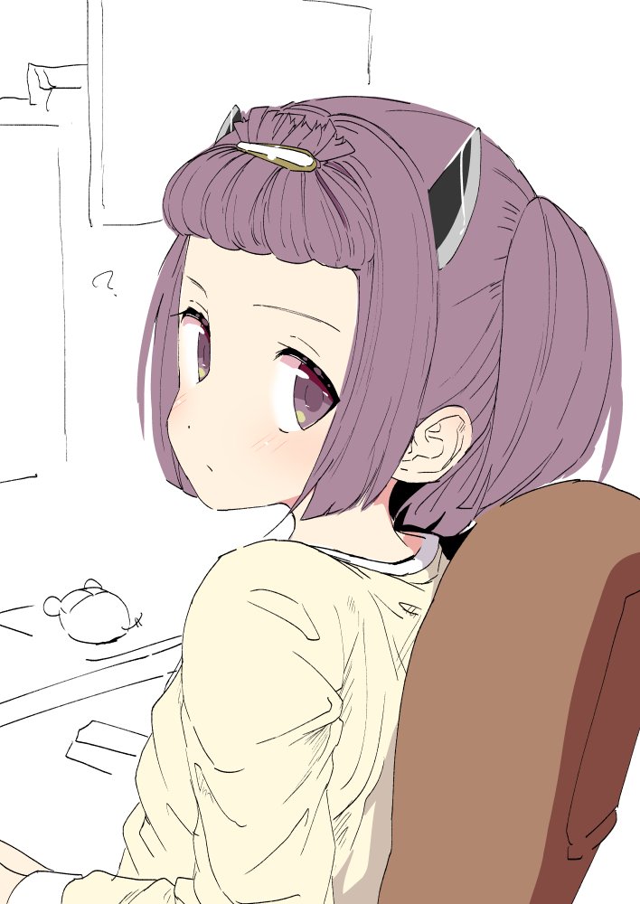 1girl ? bangs_pinned_back blush chair commentary_request expressionless hair_ornament hairclip headgear looking_at_viewer mouse_(computer) purple_hair shirt short_hair sitting sketch solo tottotonero touhoku_kiritan upper_body violet_eyes voiceroid yellow_shirt