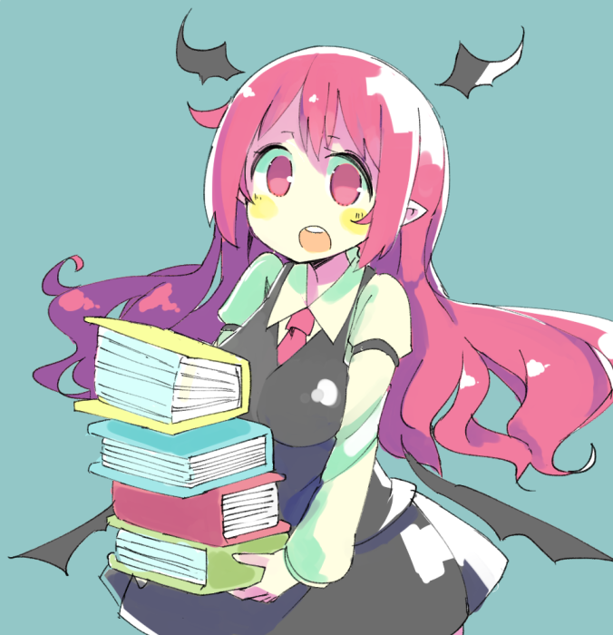 1girl :o baron_(x5qgeh) bat_wings blue_background blush book book_stack breasts detached_wings dress_shirt head_wings holding holding_book koakuma long_hair low_wings medium_breasts necktie open_book open_mouth pointy_ears redhead shirt simple_background skirt solo touhou vest wings yellow_blush