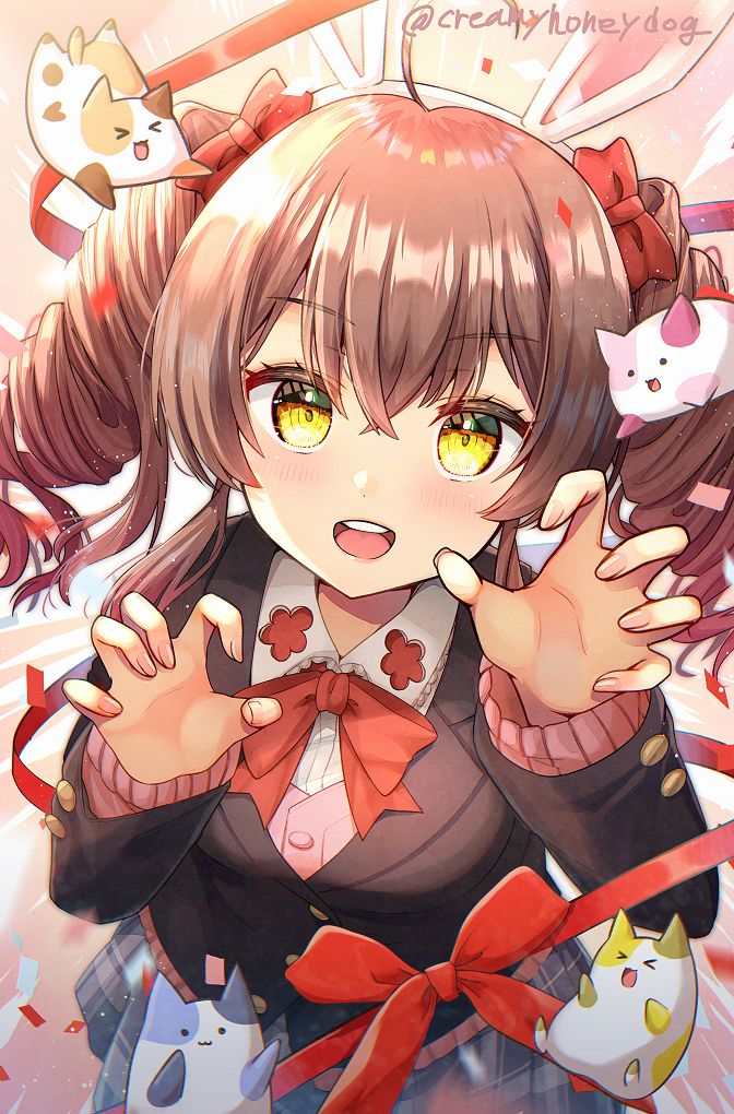 &gt;_&lt; 1girl :3 :d animal_ears bangs black_jacket blazer blue_skirt bow bowtie breasts brown_hair buttons cardigan claw_pose collared_shirt commentary_request confetti crossed_bangs d4dj drill_hair fake_animal_ears fingernails gradient_background gradient_hair hair_between_eyes hair_bow hairband hands_up jacket leaning_forward light_particles long_hair long_sleeves looking_at_viewer medium_breasts miniskirt multicolored_hair nyochio_(d4dj) ohnaruto_muni open_mouth orange_background pink_background pink_cardigan pink_hair plaid plaid_skirt rabbit_ears red_bow red_bowtie red_ribbon ribbon school_uniform shindoi_akio shirt sidelocks skirt smile solo standing stuffed_animal stuffed_cat stuffed_toy teeth twin_drills twintails twitter_username two-tone_hair upper_teeth_only white_background white_hairband white_shirt yellow_eyes