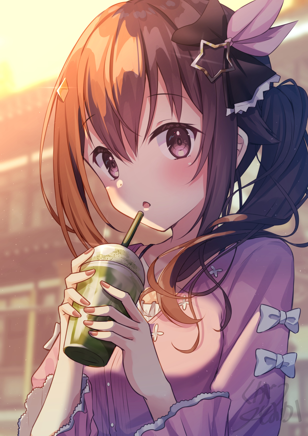 1girl black_bow blue_eyes blush bow brown_eyes brown_hair camisole commentary_request cup diamond_hair_ornament disposable_cup drinking_straw fingernails frilled_camisole frills hair_bow hair_ornament hair_ribbon hairclip highres hololive kugatsu_tooka long_sleeves looking_at_viewer matcha_(food) official_alternate_hairstyle open_mouth pink_bow pink_shirt ribbon shirt side_ponytail solo star_(symbol) star_hair_ornament sunset tokino_sora upper_body virtual_youtuber white_camisole
