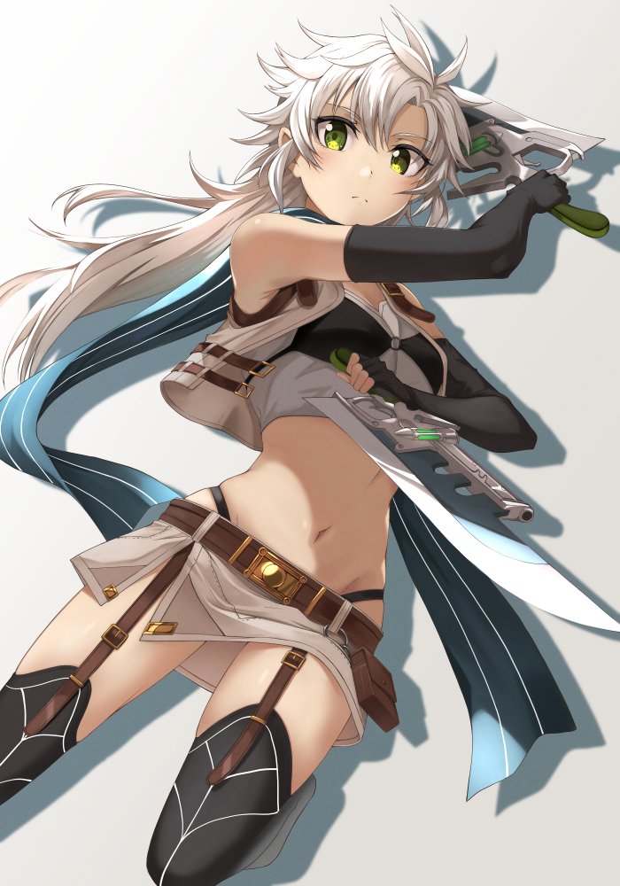 1girl black_gloves blue_scarf blush boots crop_top dagger eiyuu_densetsu elbow_gloves fie_claussell gloves green_eyes gunblade holding holding_dagger holding_knife holding_weapon knife long_hair long_scarf looking_at_viewer midriff miniskirt navel rourou_ill scarf sen_no_kiseki sen_no_kiseki_iii sen_no_kiseki_iv skirt stomach thigh_boots thighs weapon white_hair