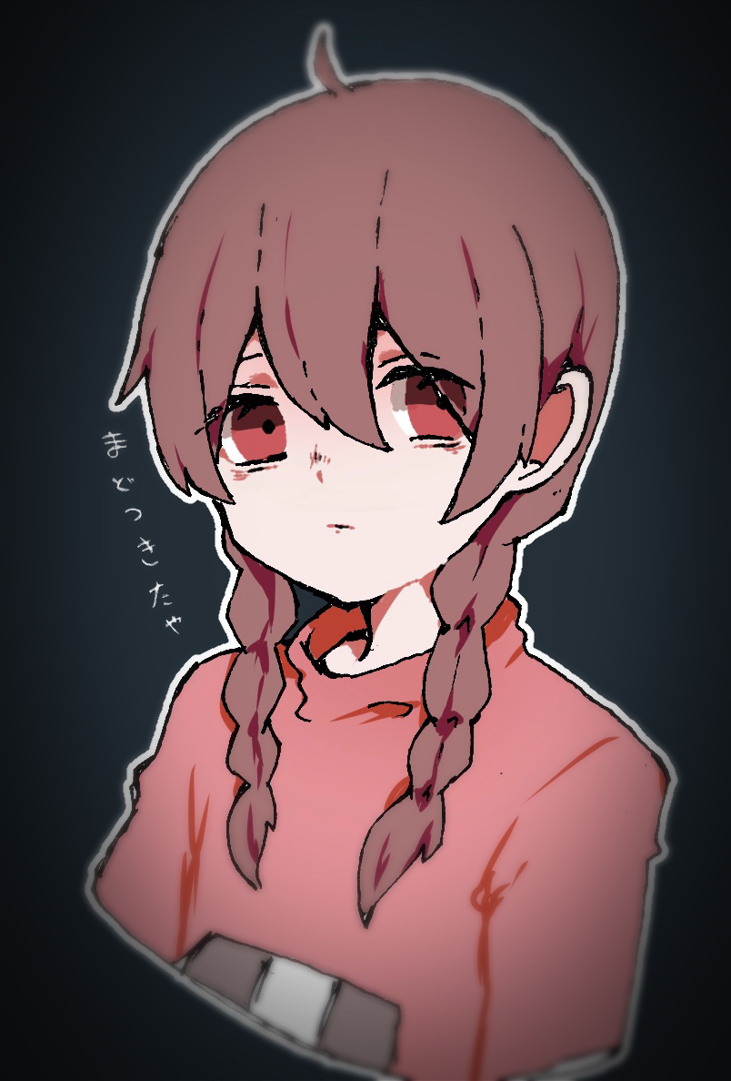 1girl bangs braid brown_hair character_name closed_mouth commentary_request cropped_arms cropped_torso eyes_visible_through_hair grey_background long_sleeves looking_at_viewer madotsuki mattyamu05 medium_hair outline pink_sweater red_eyes simple_background solo sweater translation_request twin_braids unusually_open_eyes vignetting white_outline yume_nikki