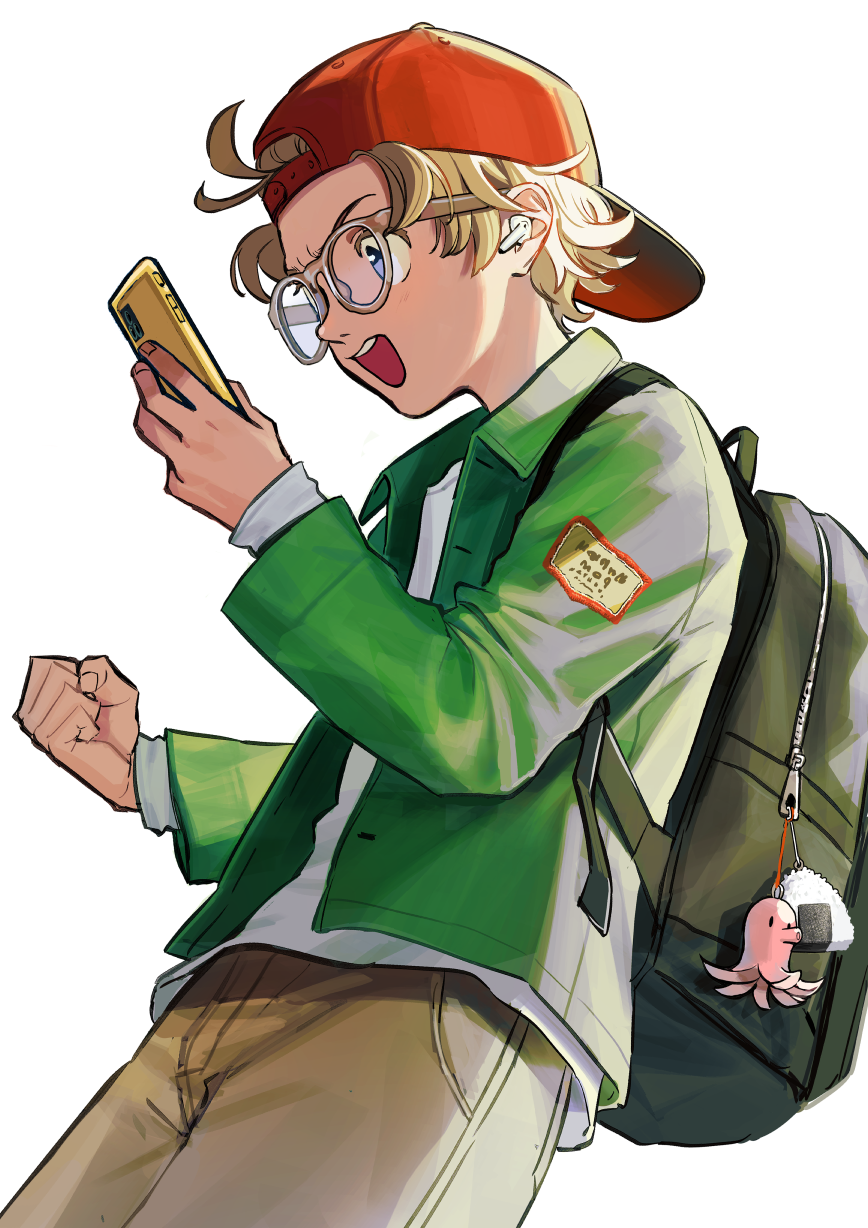 1boy backpack backwards_hat bag blonde_hair blue_eyes cellphone charm_(object) clenched_hand earphones earphones food glasses green_bag green_jacket grey-framed_eyewear grey_background hat headband highres holding holding_phone jacket male_focus nashigaya_koyomi octopus onigiri open_clothes open_jacket open_mouth original phone red_headband screen_light simple_background smartphone solo teeth upper_teeth_only zipper zipper_pull_tab