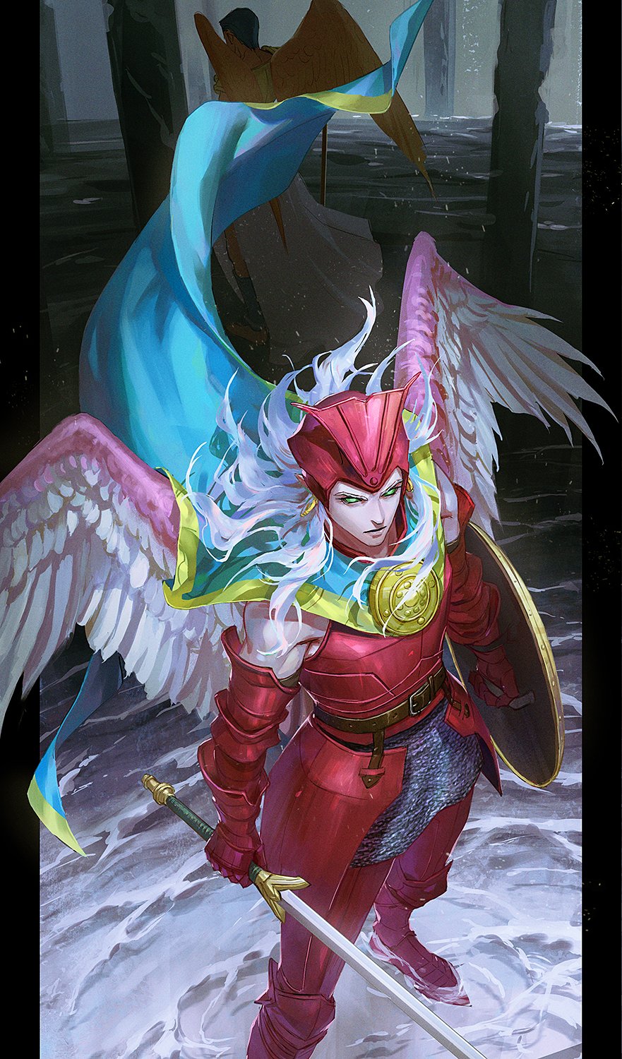 1boy angel angel_wings armor belt camael chainmail colored_sclera colored_skin commentary_request feathered_wings green_eyes helmet highres holding holding_shield holding_sword holding_weapon long_hair male_focus o_c_x pillar red_armor shield shin_megami_tensei shoulder_armor solo sword weapon white_hair white_wings wings