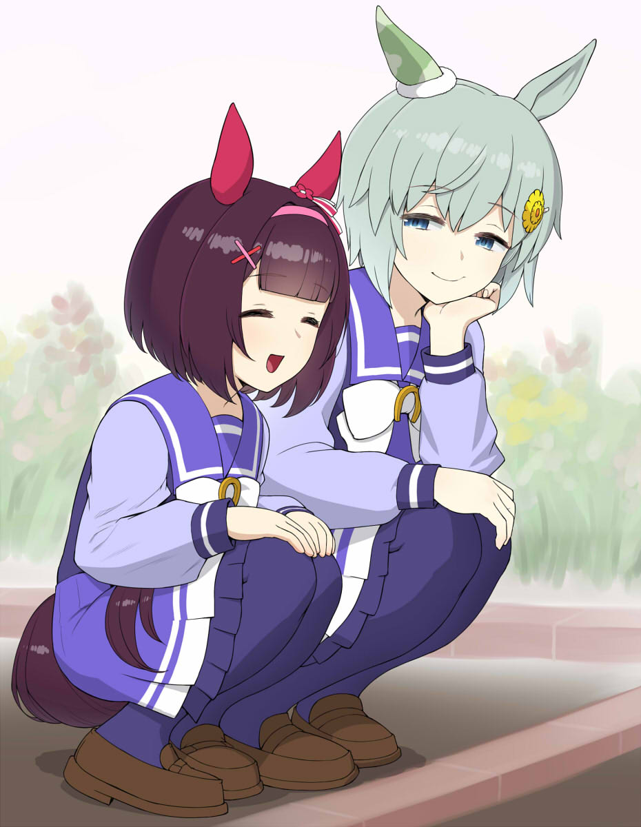 2girls animal_ears bangs black_hair blue_pantyhose blue_shirt blunt_bangs blunt_ends bob_cut bow brown_footwear closed_eyes closed_mouth commentary day ear_covers elbow_rest frilled_skirt frills grey_hair hair_ornament hairband half-closed_eyes hands_on_own_knees head_rest highres holding_own_tail horse_ears horse_girl horseshoe_ornament loafers long_sleeves looking_at_another medium_skirt multiple_girls nishino_flower_(umamusume) open_mouth outdoors pantyhose pink_hairband pleated_skirt purple_shirt purple_skirt sailor_collar school_uniform seiun_sky_(umamusume) serafuku shirt shoes short_hair side-by-side single_ear_cover skirt smile squatting tail tracen_school_uniform umamusume wata_do_chinkuru white_bow x_hair_ornament
