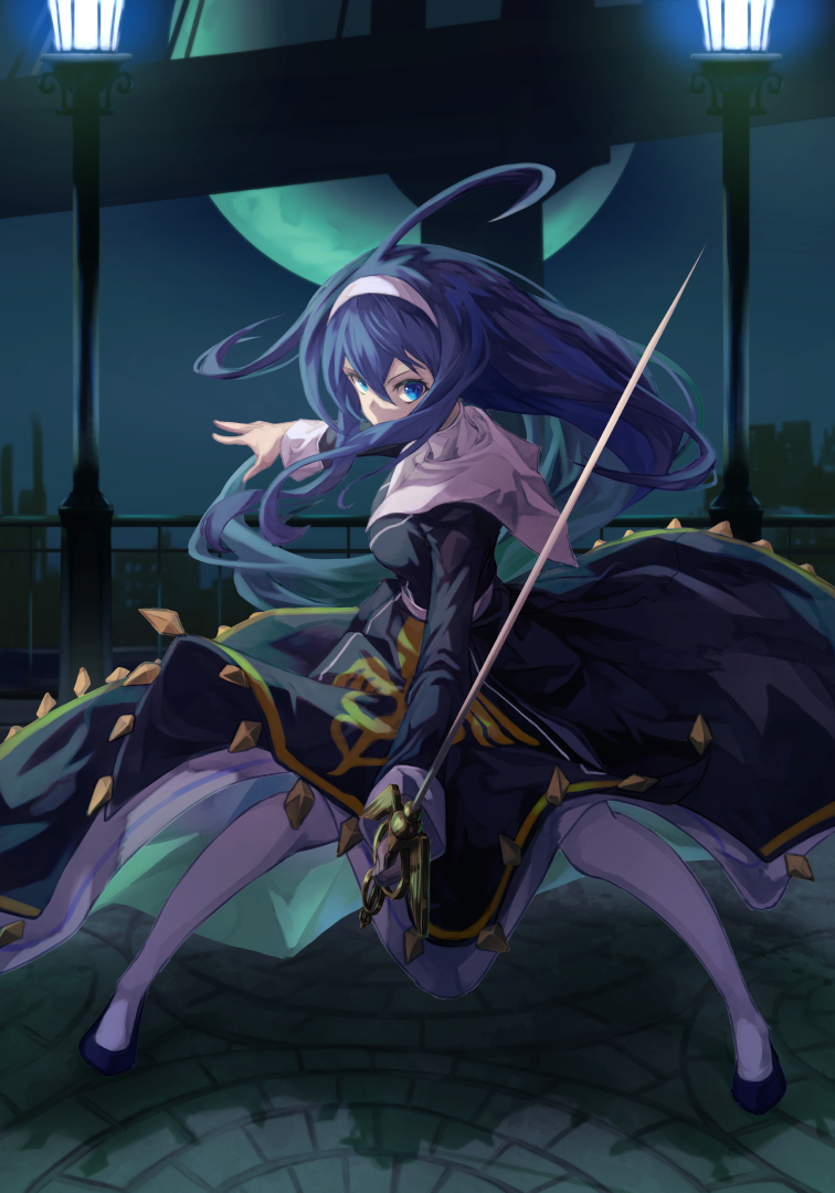 ahoge blue_eyes blue_hair covered_mouth dress fighting_stance floating_clothes full_moon hairband holding holding_sword holding_weapon huge_ahoge long_hair looking_at_viewer moon night online_neet orie_(under_night_in-birth) rapier sword thigh-highs under_night_in-birth very_long_hair weapon