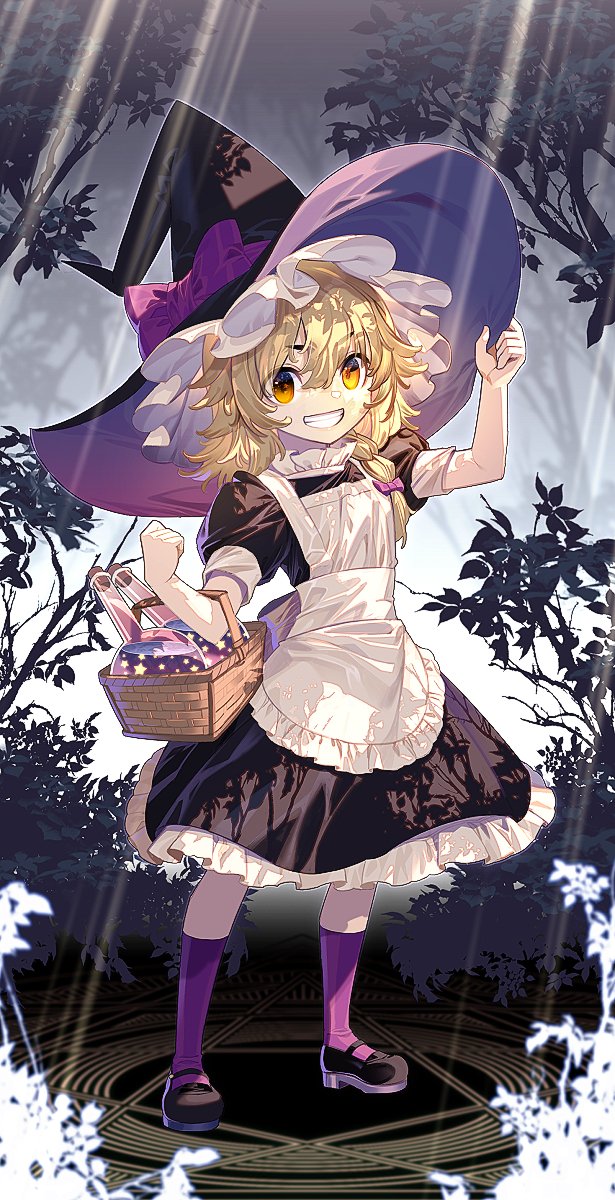 1girl apron arm_up bangs basket black_dress black_footwear black_headwear blonde_hair bow branch bush commentary_request dress flask frills full_body gradient_background grey_background hair_between_eyes hand_on_headwear hands_up hat hat_bow highres kirisame_marisa leaf looking_at_viewer magic_circle orange_eyes puffy_short_sleeves puffy_sleeves purple_bow purple_socks round-bottom_flask shoes short_hair short_sleeves smile socks solo standing star_(symbol) sunlight teeth touhou tree white_apron white_background witch_hat zounose