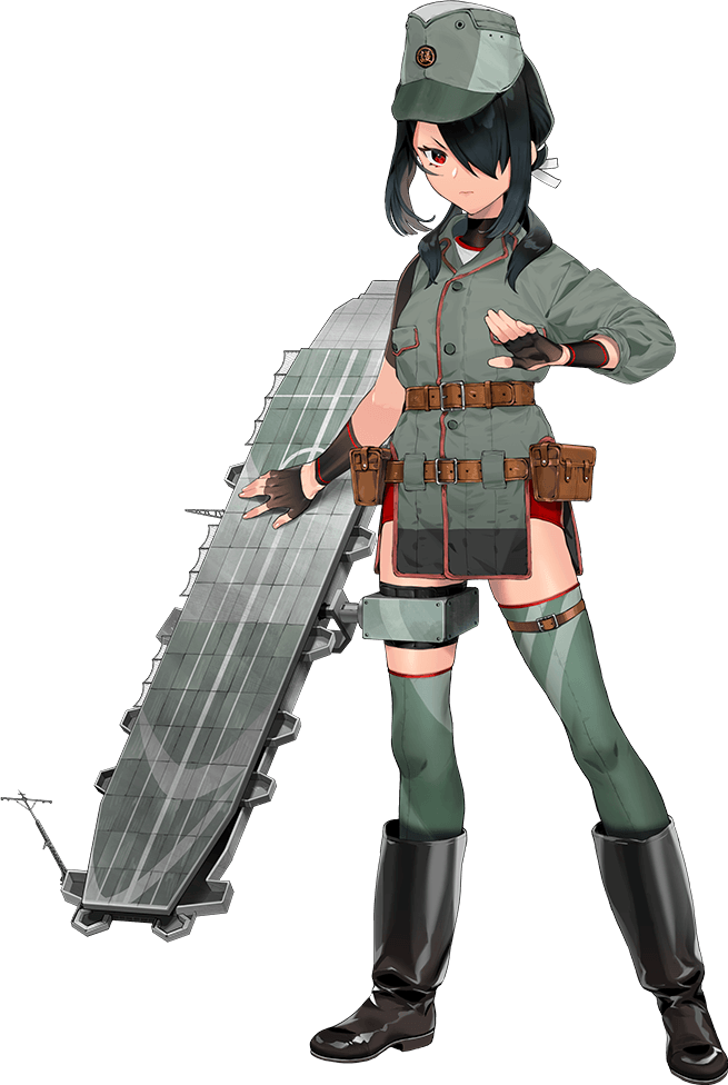 1girl artist_request asymmetrical_legwear belt belt_pouch black_footwear black_gloves black_hair brown_belt buruma fingerless_gloves flight_deck full_body gloves green_thighhighs hair_over_one_eye hair_over_shoulder hair_ribbon hat kantai_collection kumano_maru_(kancolle) long_hair military military_hat military_uniform official_art over-kneehighs pelvic_curtain pouch red_buruma red_eyes ribbon sidelocks single_over-kneehigh single_thighhigh solo standing thigh-highs transparent_background uneven_legwear uniform utility_belt