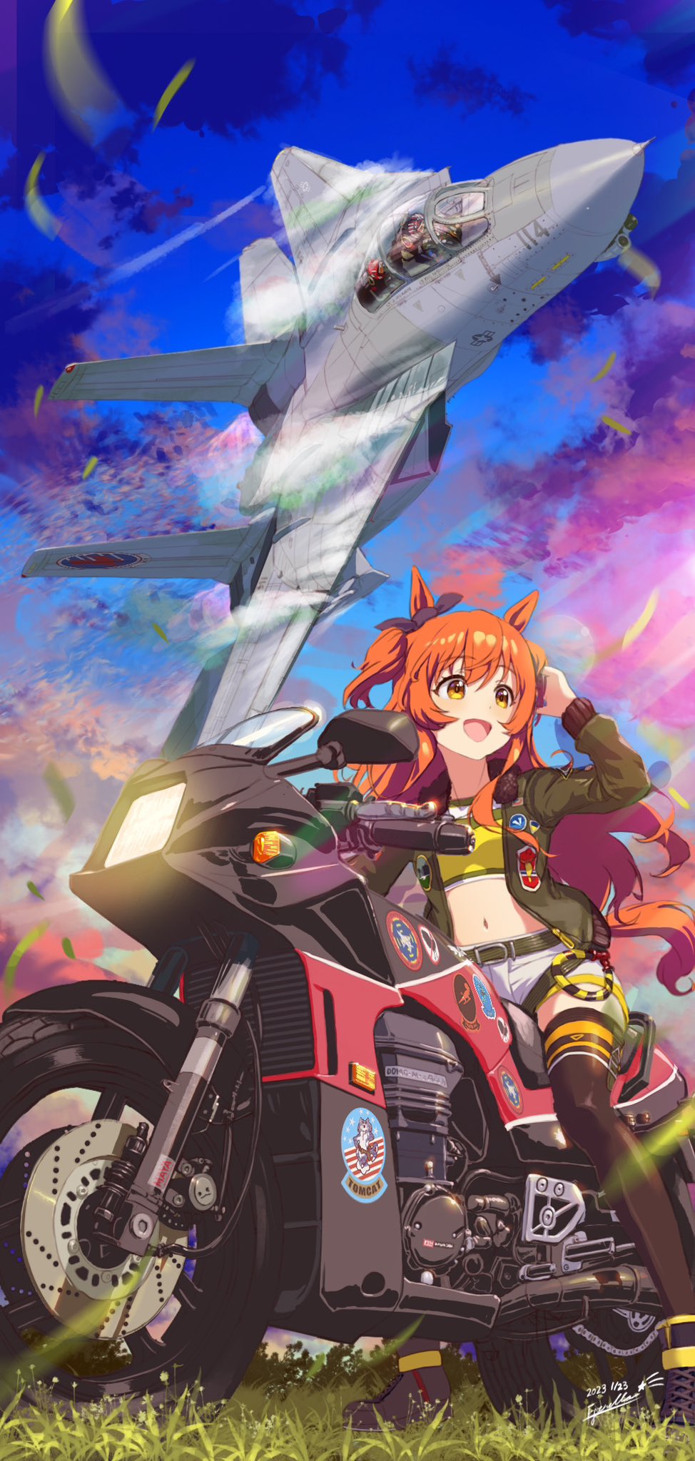 1girl aircraft airplane bomber_jacket brown_hair dated estrella_(uypu4574) f-14_tomcat fighter_jet grass green_jacket highres jacket jet lens_flare long_hair mayano_top_gun_(umamusume) military military_vehicle on_motorcycle shorts signature sitting sitting_on_object smile solo thumbs_up top_gun top_gun:_maverick umamusume vehicle_request white_shorts yellow_eyes