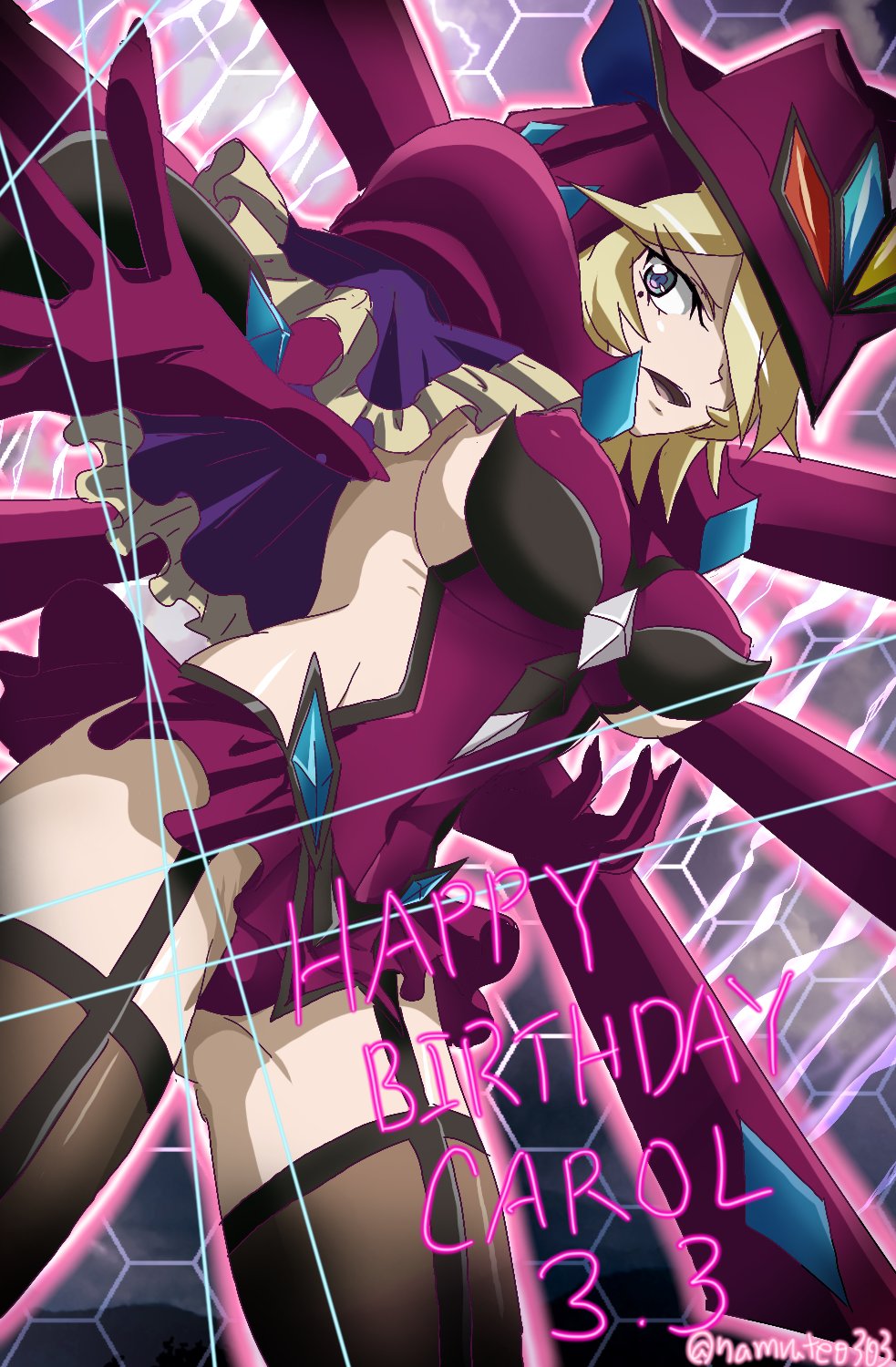 1girl aged_up blonde_hair blue_eyes breasts carol_malus_dienheim covered_navel covered_nipples dated elbow_gloves garter_straps gloves happy_birthday highres large_breasts leotard long_hair looking_at_viewer miniskirt mole mole_under_eye namrute0303 purple_leotard senki_zesshou_symphogear shiny_skin side_cutout sideboob sideless_outfit skin_tight skirt solo thigh-highs