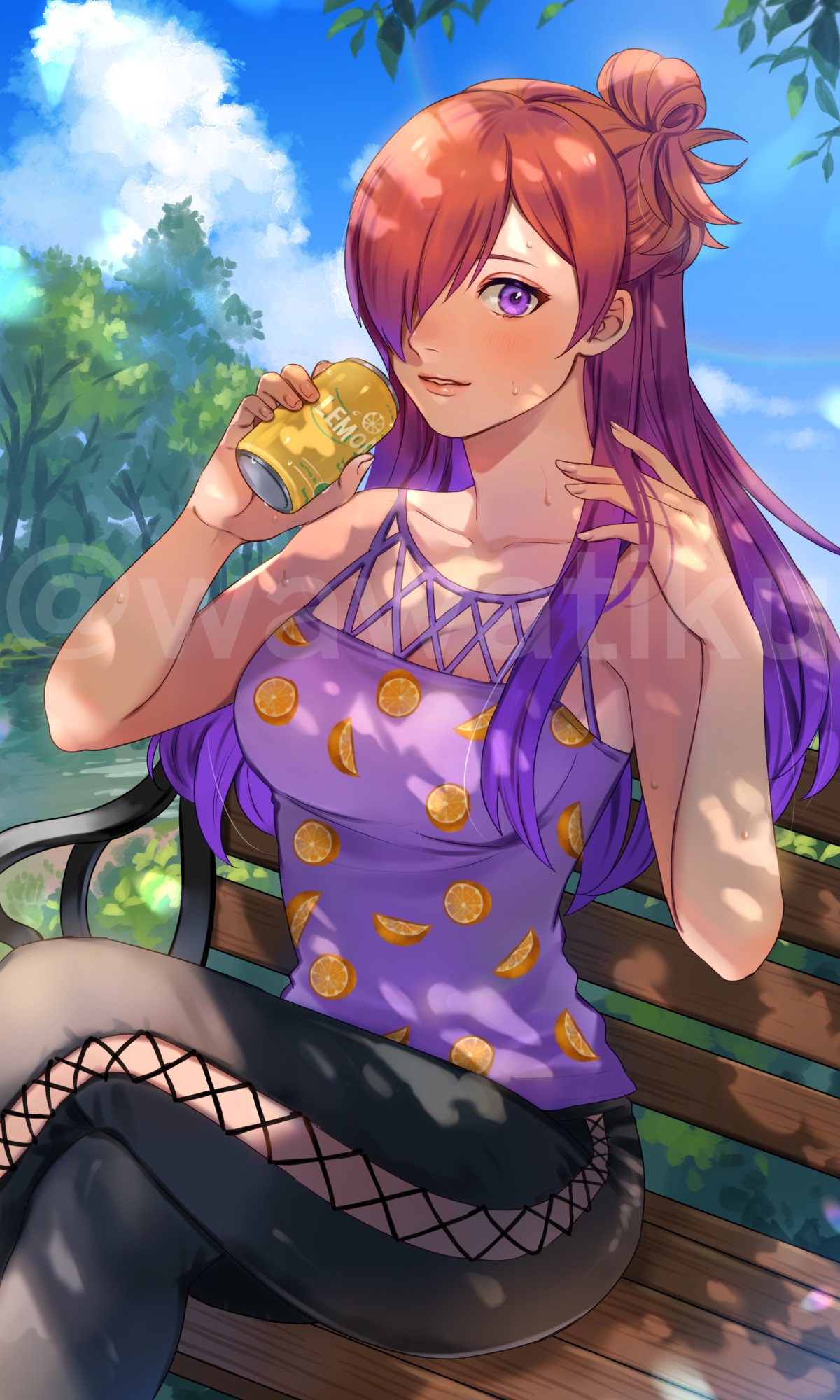 1girl alternate_costume bench breasts can casual collar crossed_legs day fire_emblem fire_emblem:_three_houses fire_emblem_warriors:_three_hopes fruit_pattern hair_bun hair_over_one_eye highres holding holding_can lips long_hair looking_at_viewer medium_breasts orange_hair parted_lips purple_hair purple_tank_top shez_(female)_(fire_emblem) shez_(fire_emblem) sitting smile solo sweat tank_top violet_eyes watermark wawatiku