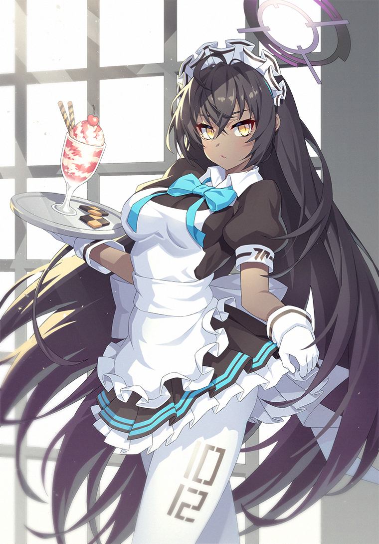 1girl apron black_hair blue_archive blue_bow blue_bowtie bow bowtie checkerboard_cookie closed_mouth cookie cowboy_shot dark_skin food frilled_apron frills gloves hair_between_eyes halo holding holding_tray karin_(blue_archive) liem_(zero854) light_particles long_hair looking_at_viewer maid_apron maid_headdress pantyhose parfait short_sleeves solo tray very_long_hair white_apron white_gloves white_pantyhose yellow_eyes