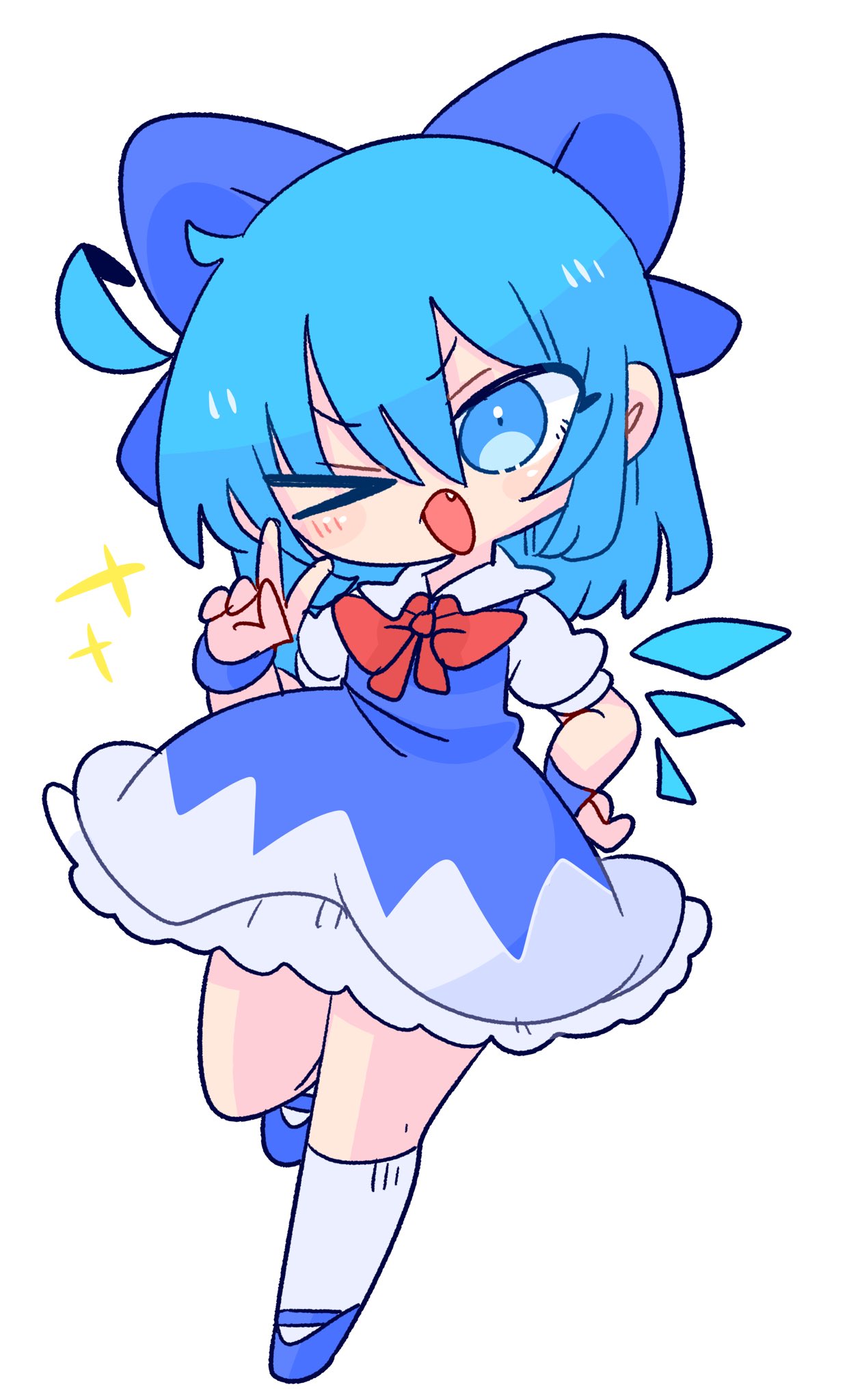 &gt;_o 1girl ahoge arms_behind_back bangs blue_bow blue_dress blue_eyes blue_footwear blue_hair bow bowtie cirno dress fang full_body hair_bow highres ice ice_wings looking_at_viewer one_eye_closed op_na_yarou open_mouth pinafore_dress red_bow red_bowtie shirt short_eyebrows short_hair short_sleeves simple_background solo standing touhou v white_background white_shirt wings