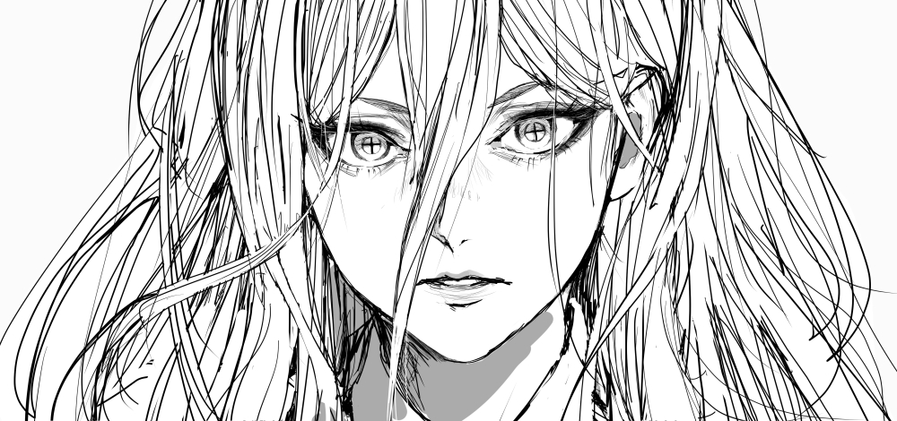 1girl chainsaw_man commentary_request cross-shaped_pupils hair_between_eyes inoitoh lips long_hair looking_at_viewer messy_hair monochrome parted_lips portrait power_(chainsaw_man) sketch solo symbol-shaped_pupils