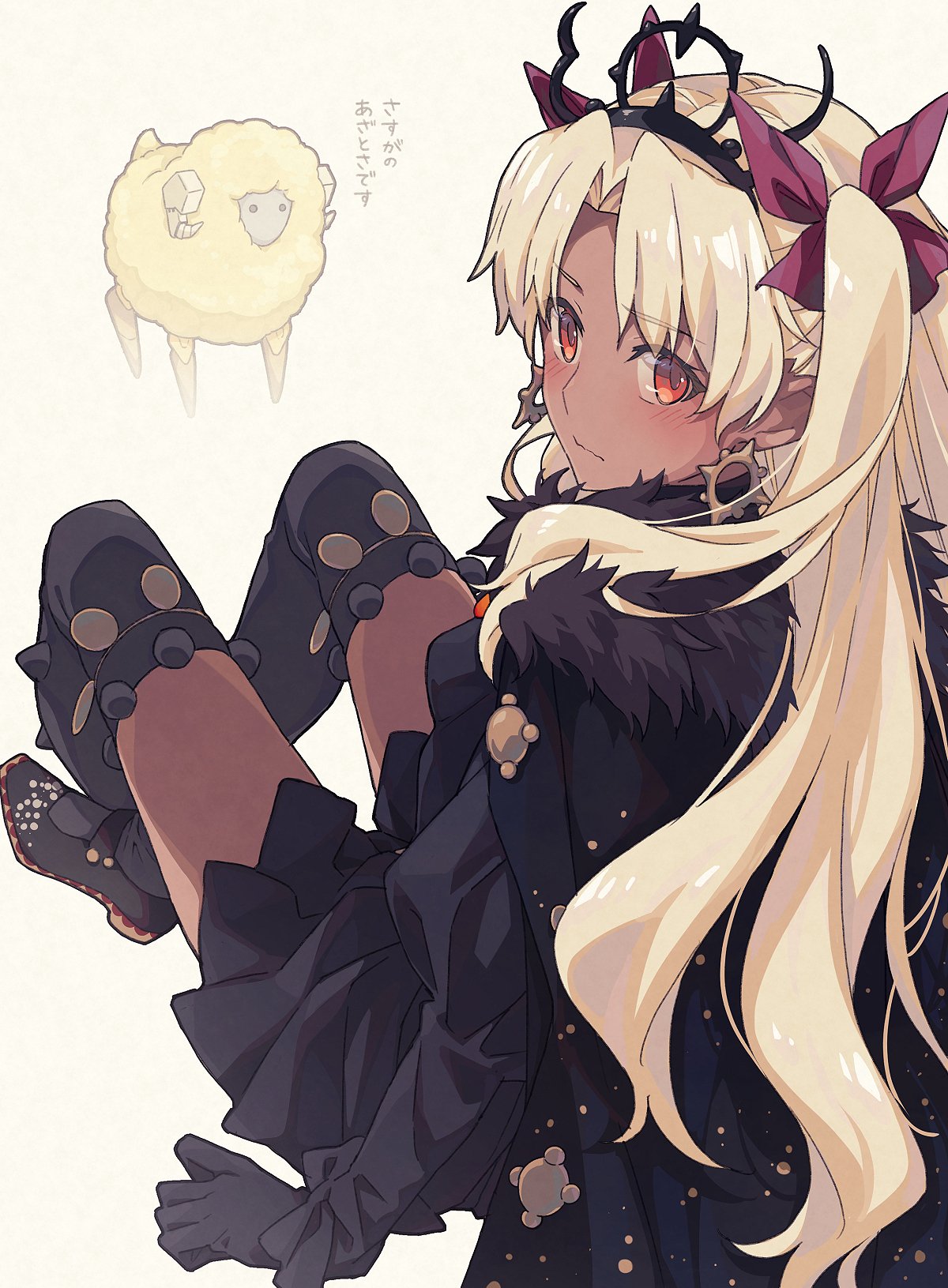 1girl bangs black_dress black_gloves black_thighhighs blonde_hair closed_mouth commentary_request dark-skinned_female dark_skin dress dumuzid_(fate) earrings ereshkigal_(fate) ereshkigal_alter_(fate) gloves hair_ribbon highres jewelry lamb long_hair long_sleeves looking_at_viewer parted_bangs red_eyes red_ribbon ribbon saipaco sheep simple_background sitting thigh-highs tiara translation_request two_side_up