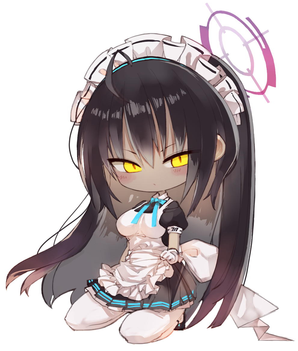 1girl apron black_hair blue_archive blue_bow blue_bowtie blush bow bowtie chibi closed_mouth commentary_request dark-skinned_female dark_skin frilled_apron frills gloves halo karin_(blue_archive) kneeling kotatu_(akaki01aoki00) long_hair looking_at_viewer maid_headdress pantyhose partial_commentary puffy_short_sleeves puffy_sleeves short_sleeves simple_background solo white_apron white_background white_gloves white_pantyhose yellow_eyes